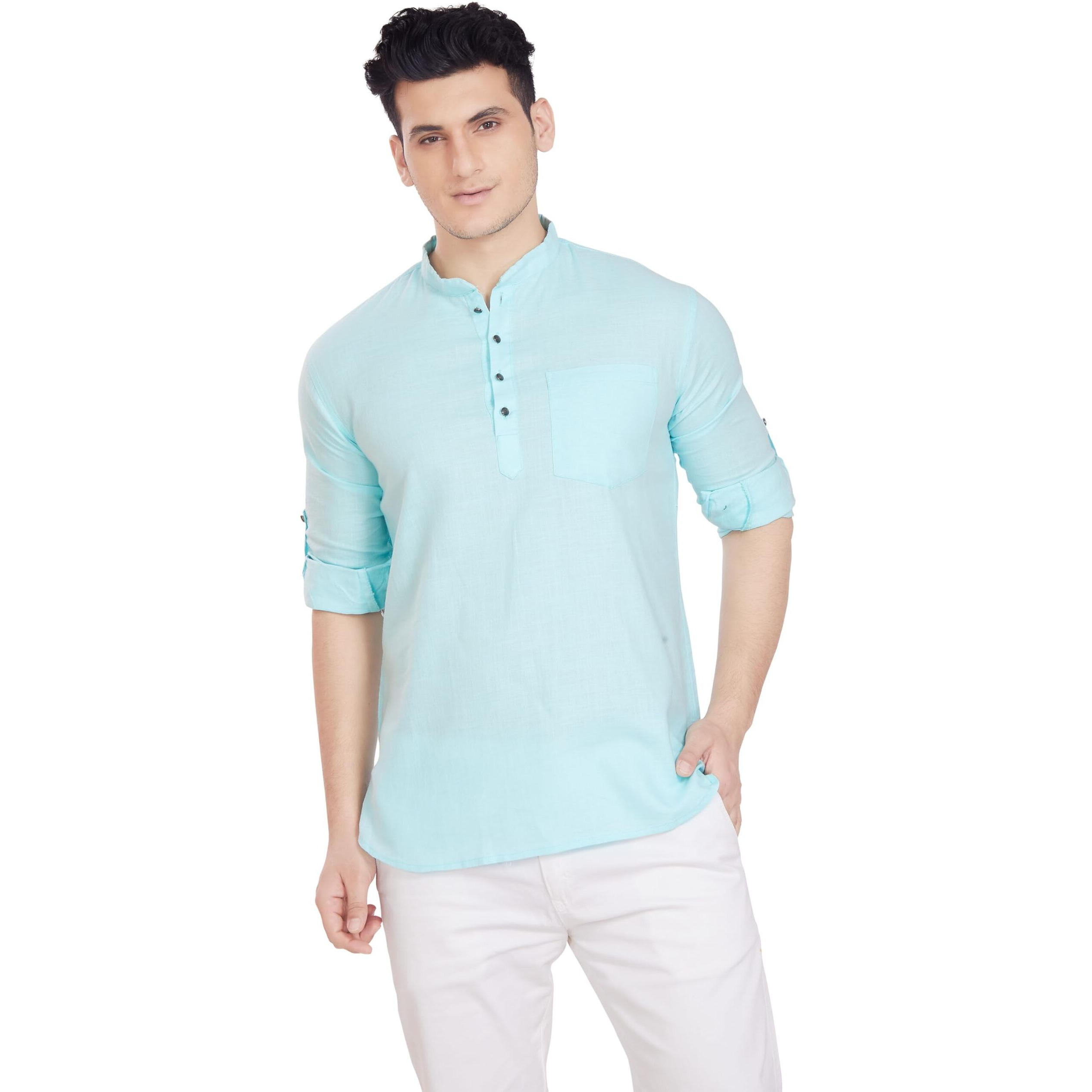 Divisive Men's Pure Cotton Relaxed Fit Short Kurta (Dkrt258_M_Sky)
