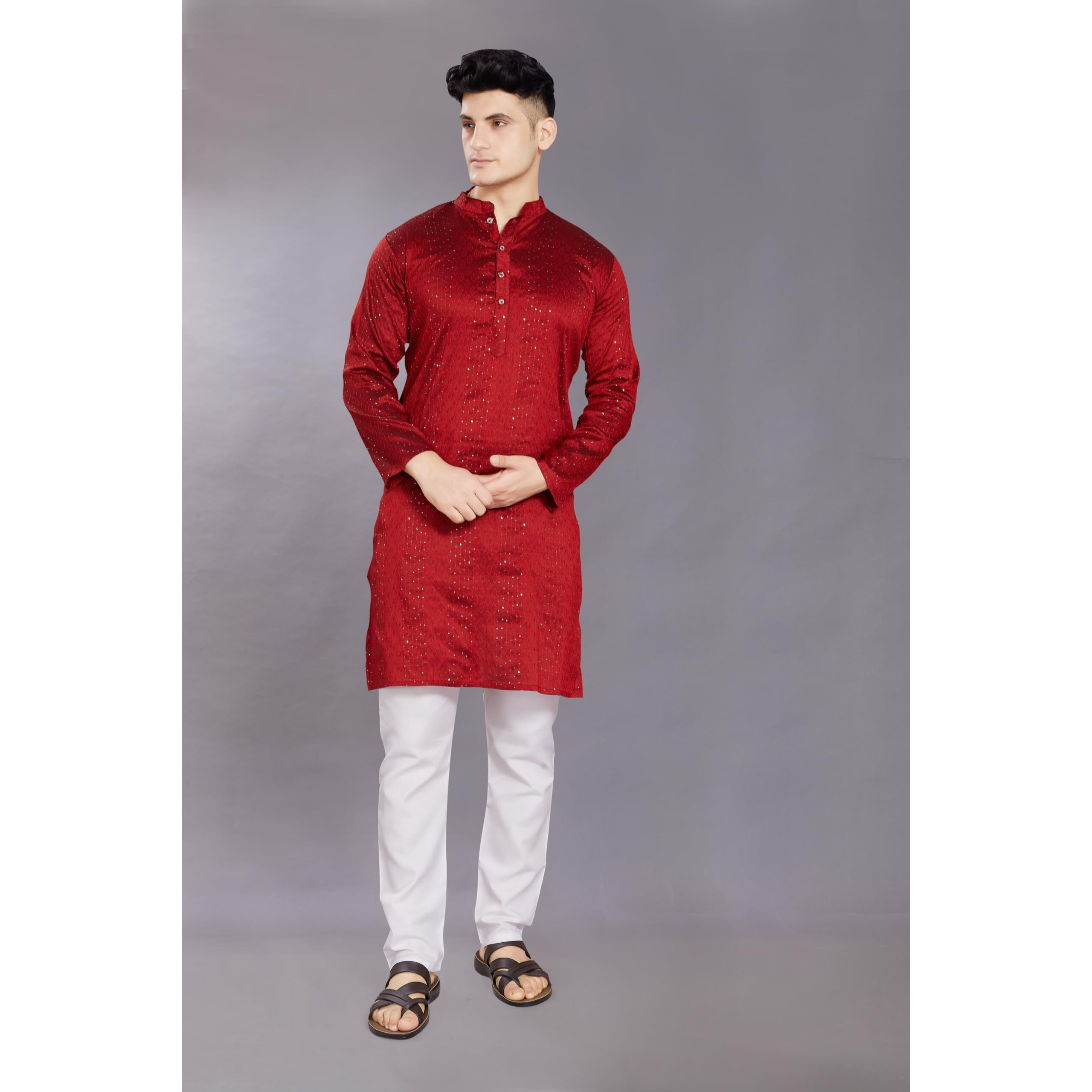 Divisive Men's Jequard Embroidered Art Silk Slim Fit Only Kurta (Dkrt428_S_Maroon)
