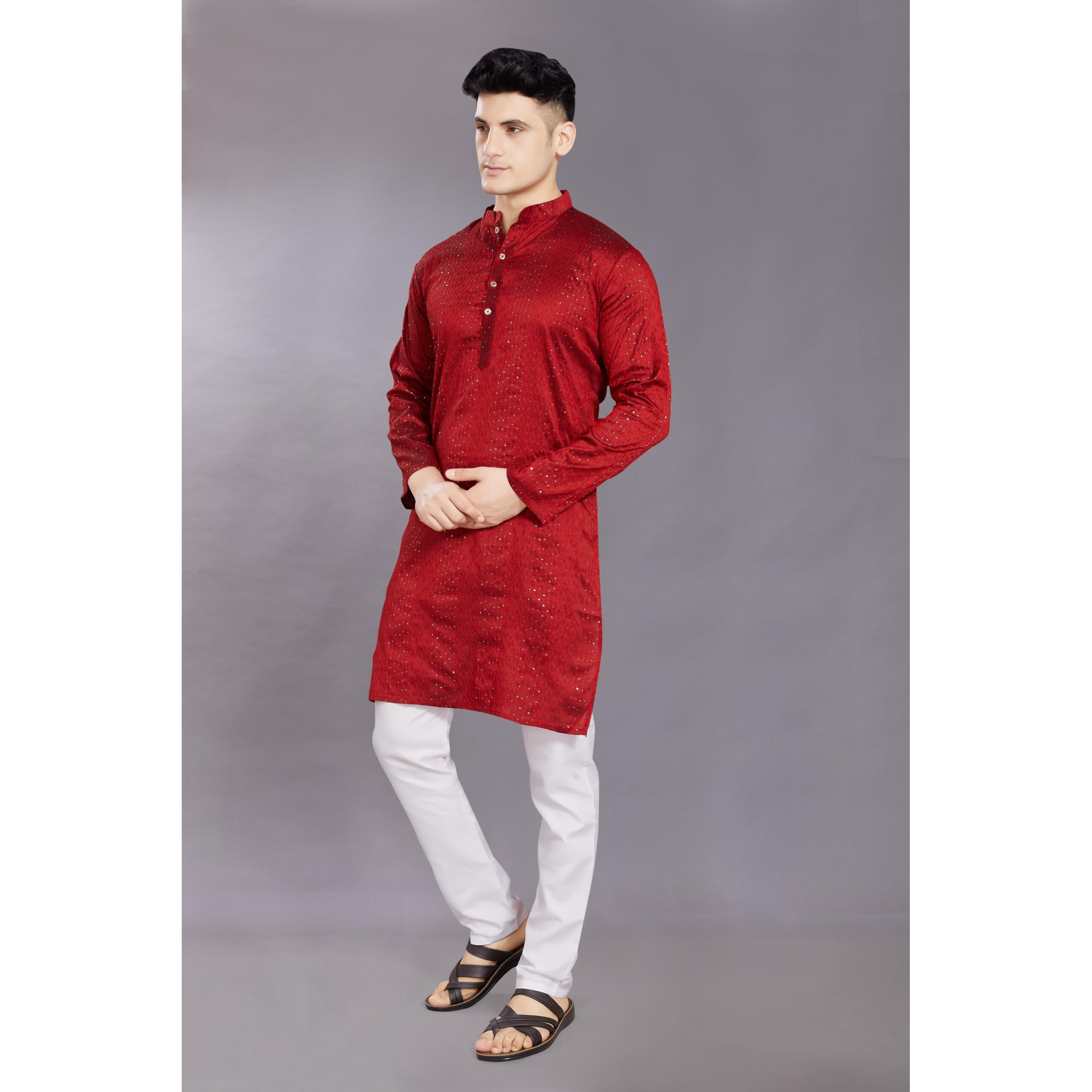 Divisive Men's Jequard Embroidered Art Silk Slim Fit Only Kurta (Dkrt428_S_Maroon)