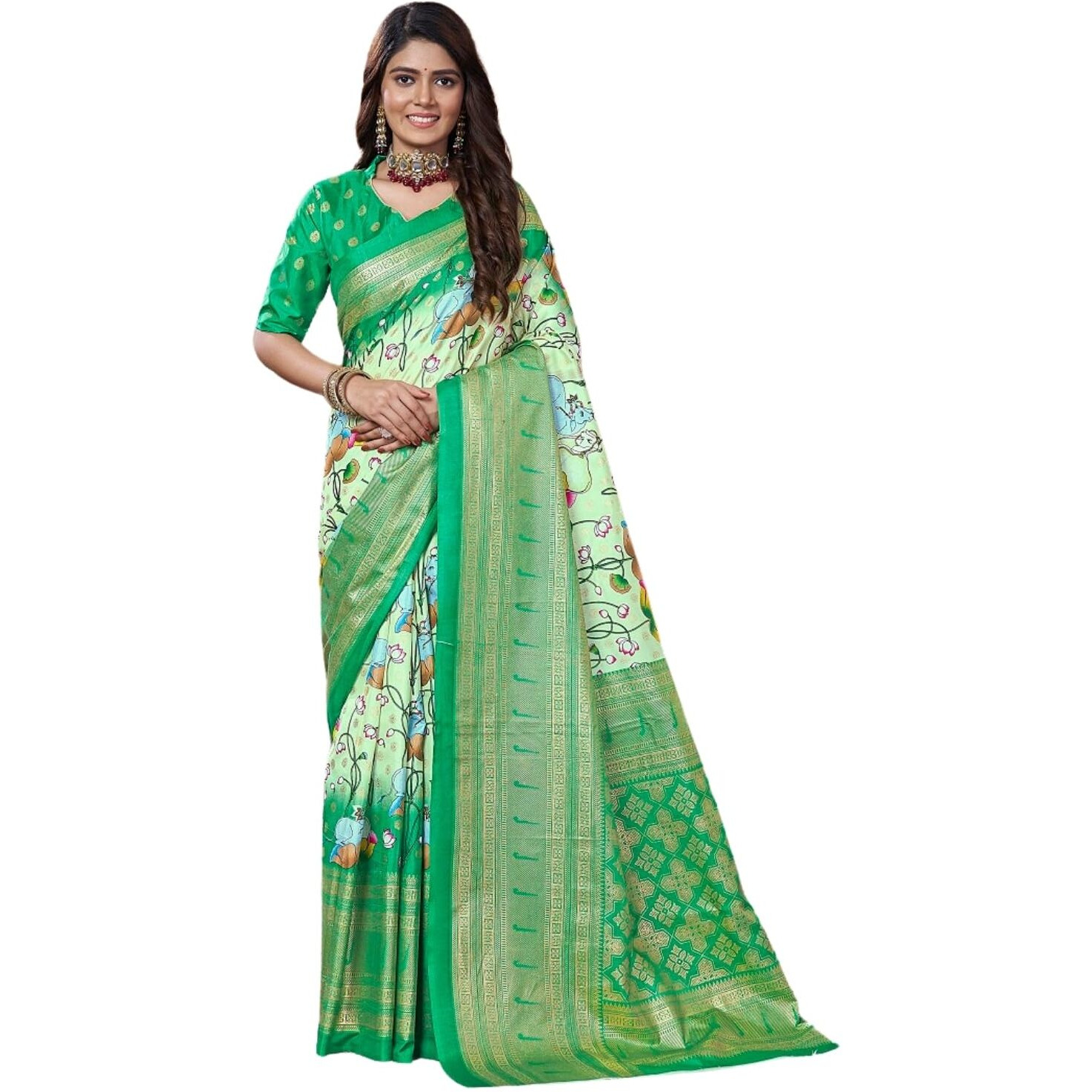 Greciilooks Women's Kanjivaram Art Cotton Silk Saree Soft Banarasi Style Sari With Blouse Piece For Wedding, Green