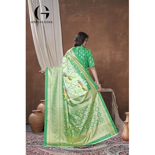 Greciilooks Women's Kanjivaram Art Cotton Silk Saree Soft Banarasi Style Sari With Blouse Piece For Wedding, Green