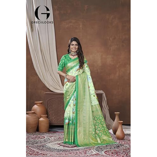 Greciilooks Women's Kanjivaram Art Cotton Silk Saree Soft Banarasi Style Sari With Blouse Piece For Wedding, Green