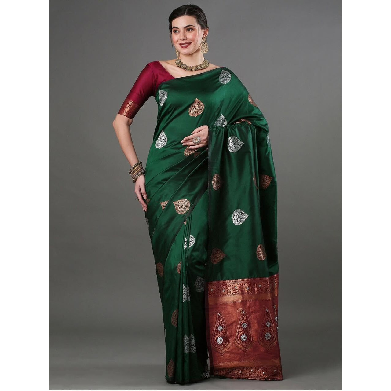 Flosive Women's Latest Mix Color Kanjivaram Silk Saree With Blouse (Green)