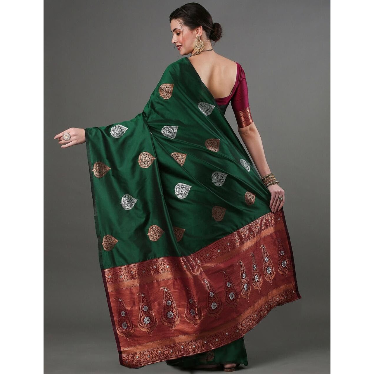 Flosive Women's Latest Mix Color Kanjivaram Silk Saree With Blouse (Green)