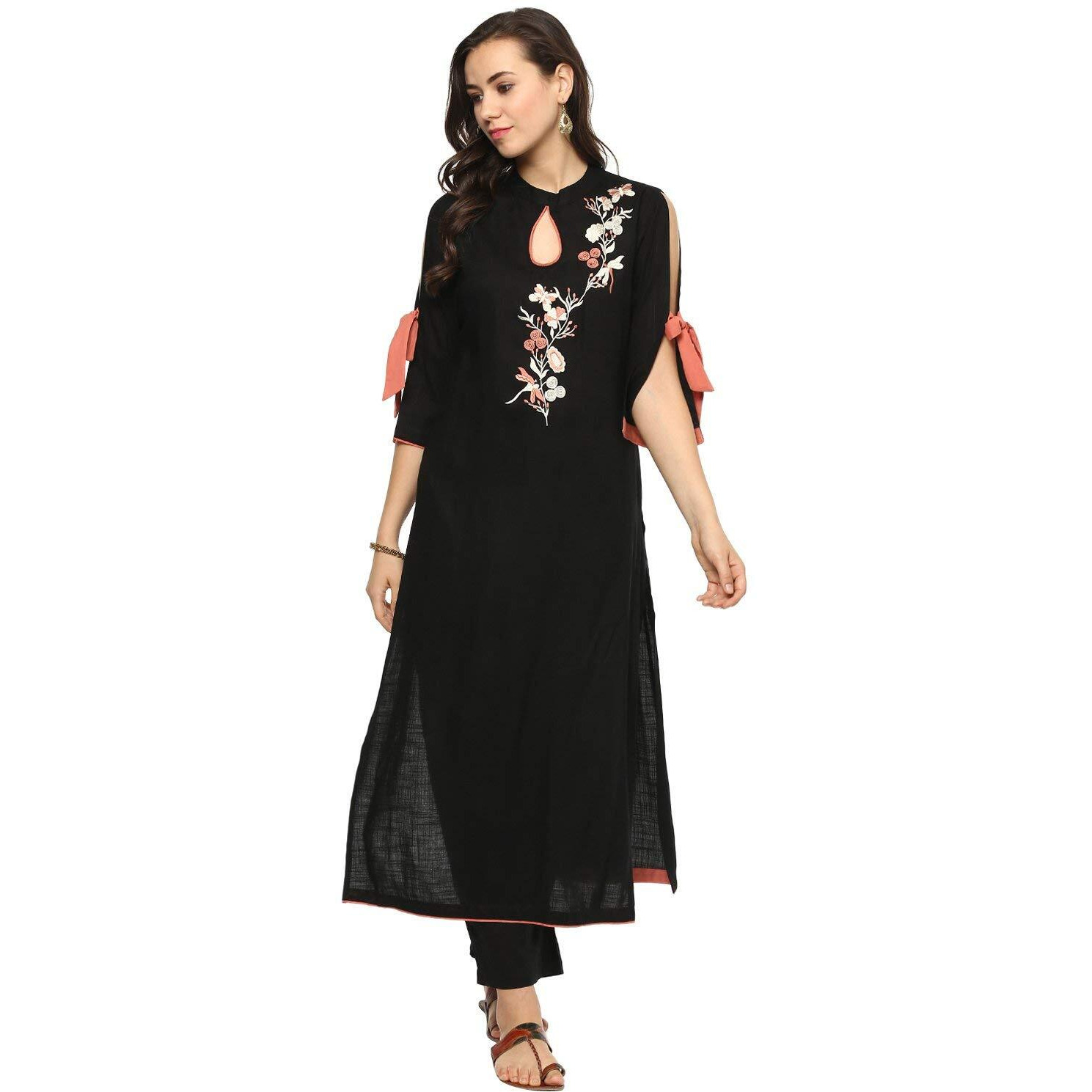Idalia Embroidered Rayon, Straight Kurta For Women Black