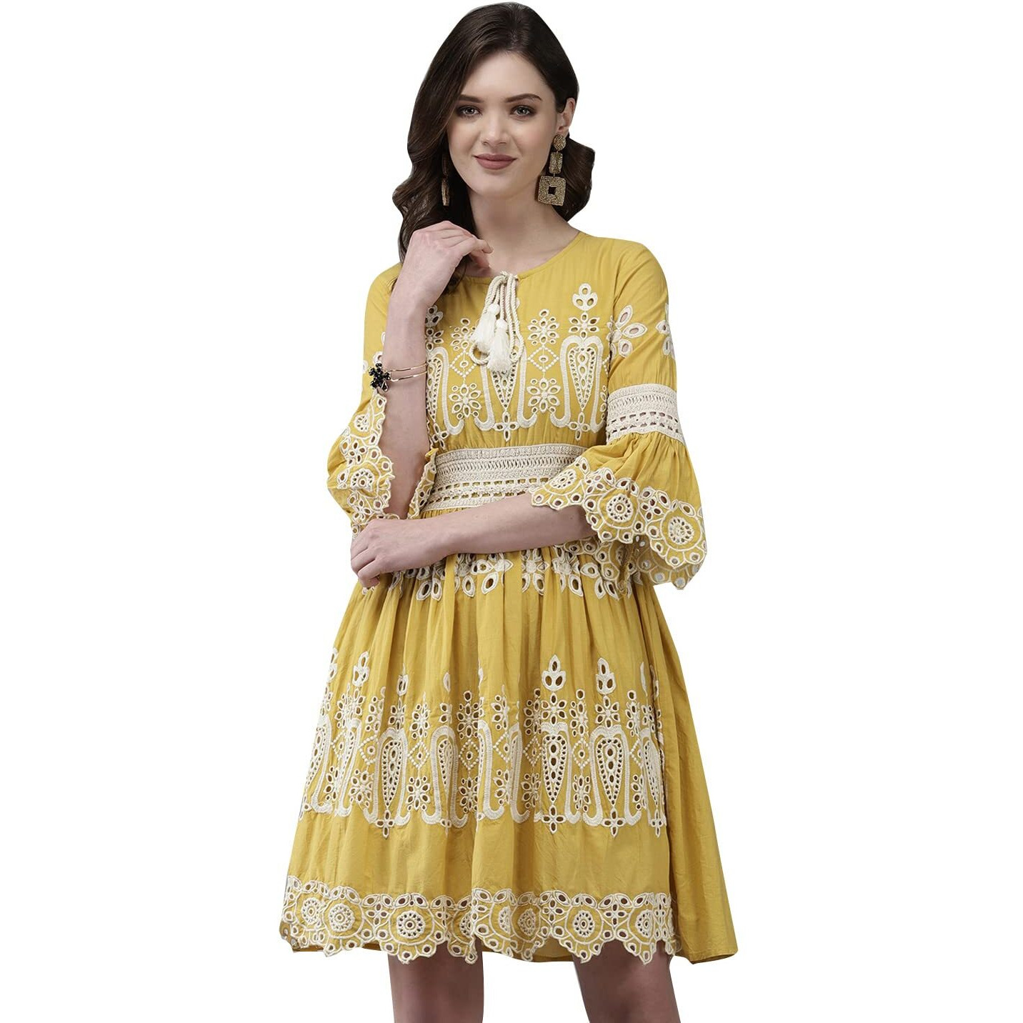 Ishin Women's Cotton Mustard Schiffli Embroidered A-Line Dress