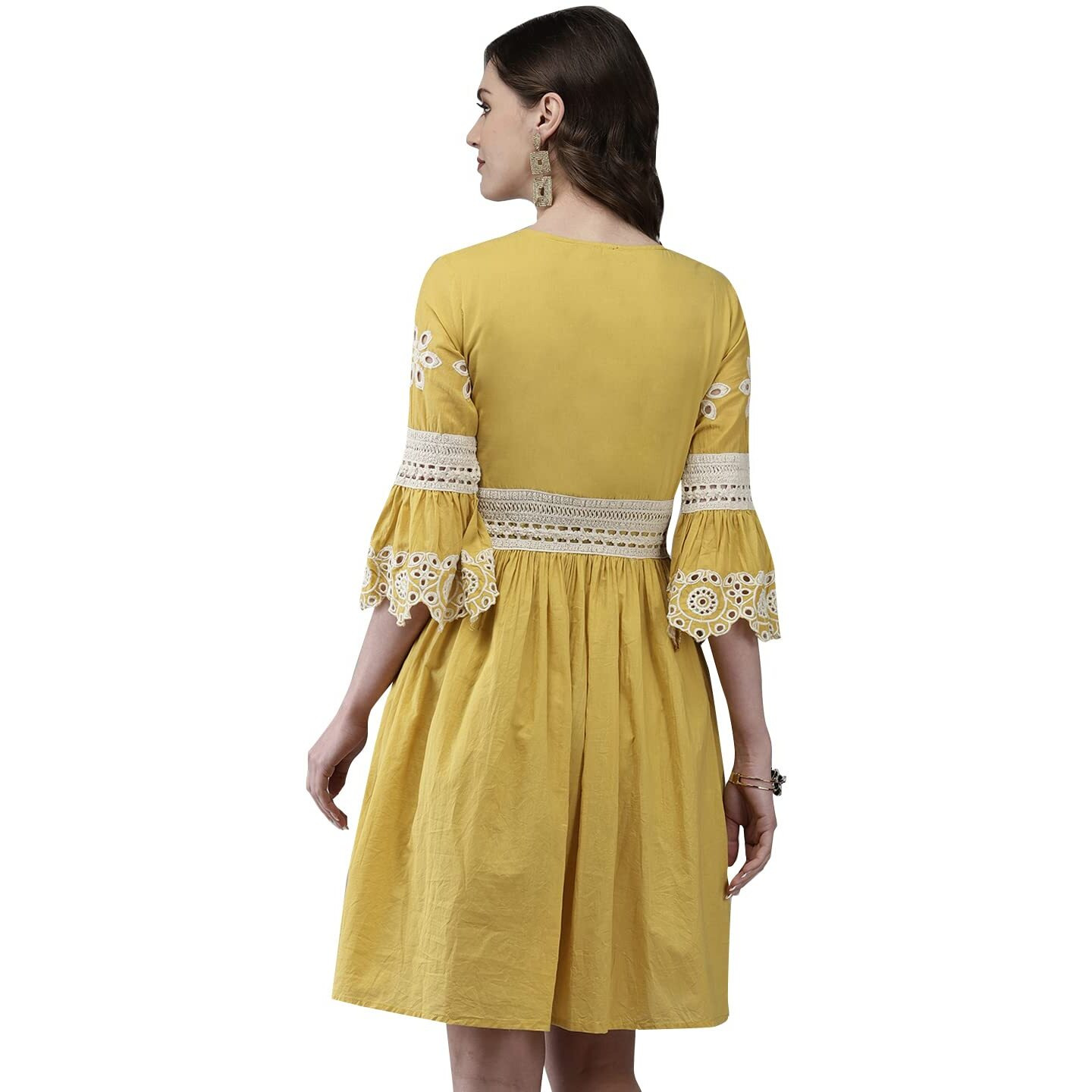 Ishin Women's Cotton Mustard Schiffli Embroidered A-Line Dress