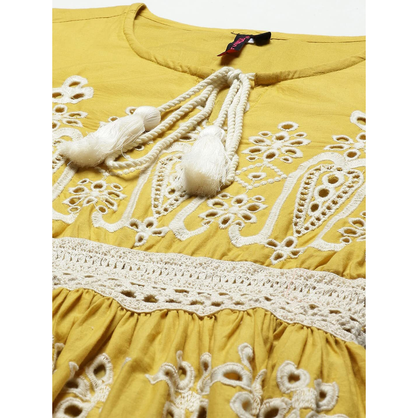 Ishin Women's Cotton Mustard Schiffli Embroidered A-Line Dress