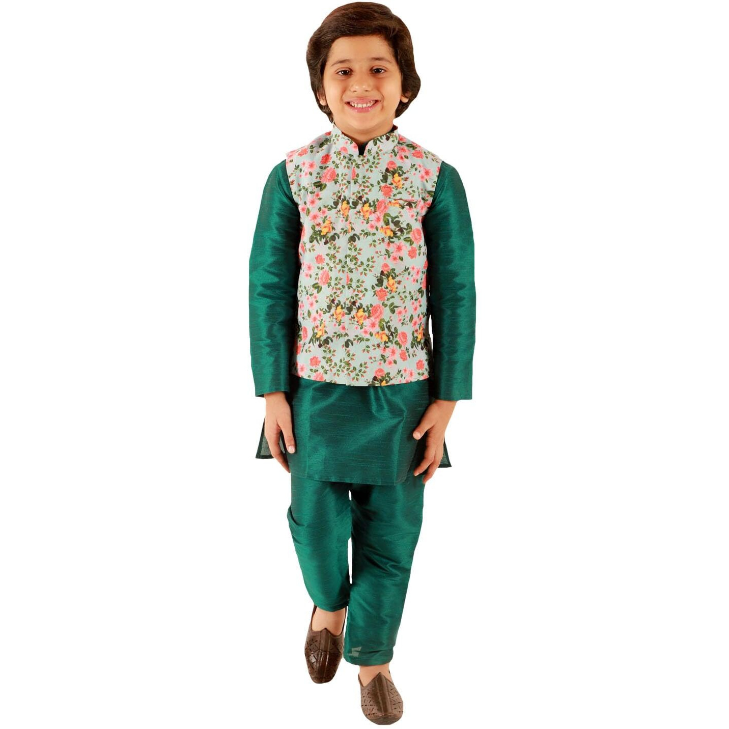 Jbn Creation Dupion Boys Blend Green Dupian Silk Kurta, Pyjama And Floral Printed Nehru Jacket Set (Jbnbj074Nkgn001Npgn_20_Aqua 2 3 Years)