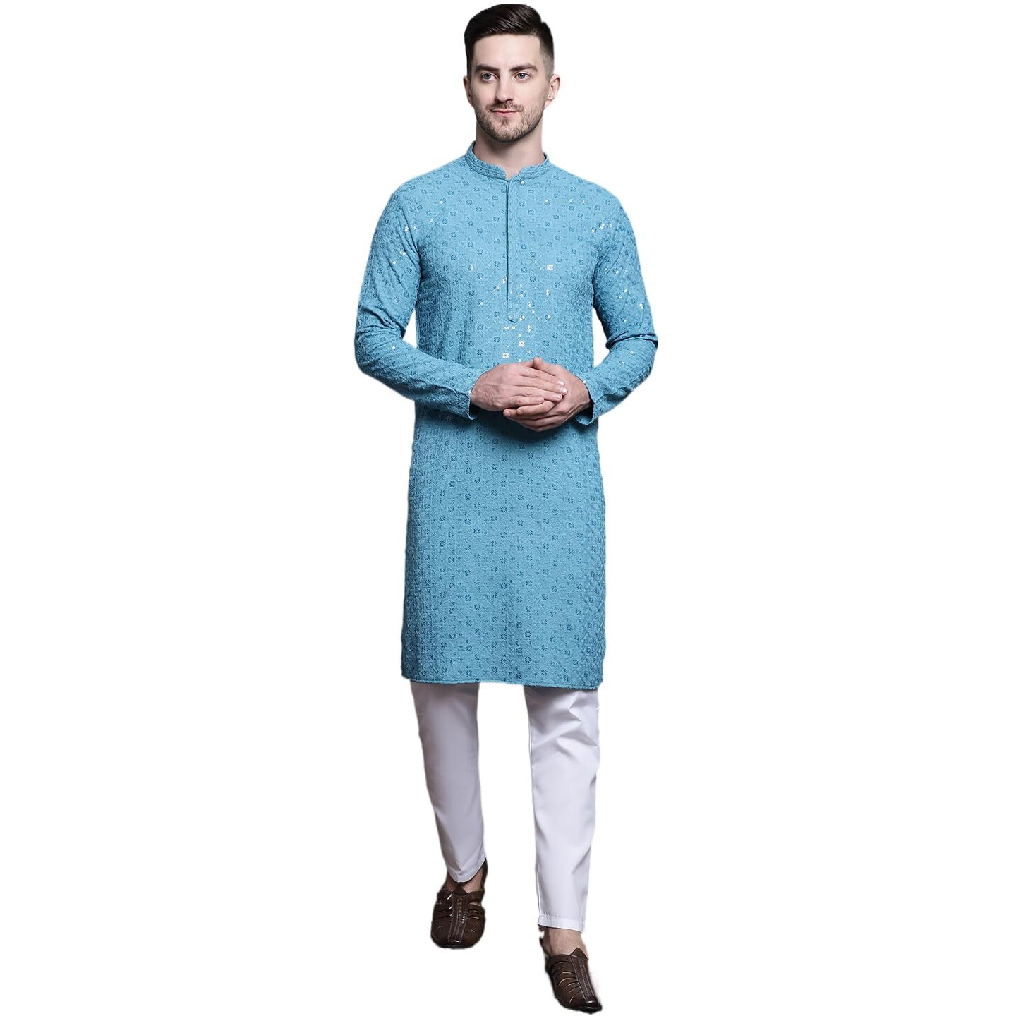 Jompers Men's Sequin Embroidered Pure Cotton Kurta With Pyjamas (Blue, L)