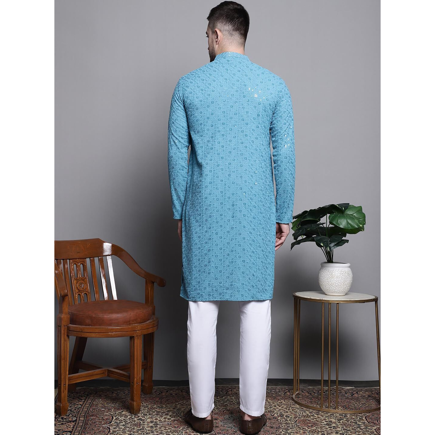 Jompers Men's Sequin Embroidered Pure Cotton Kurta With Pyjamas (Blue, L)