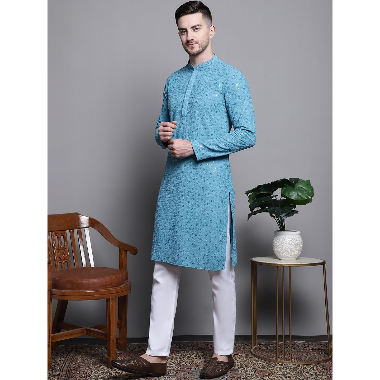 Jompers Men's Sequin Embroidered Pure Cotton Kurta With Pyjamas (Blue, L)
