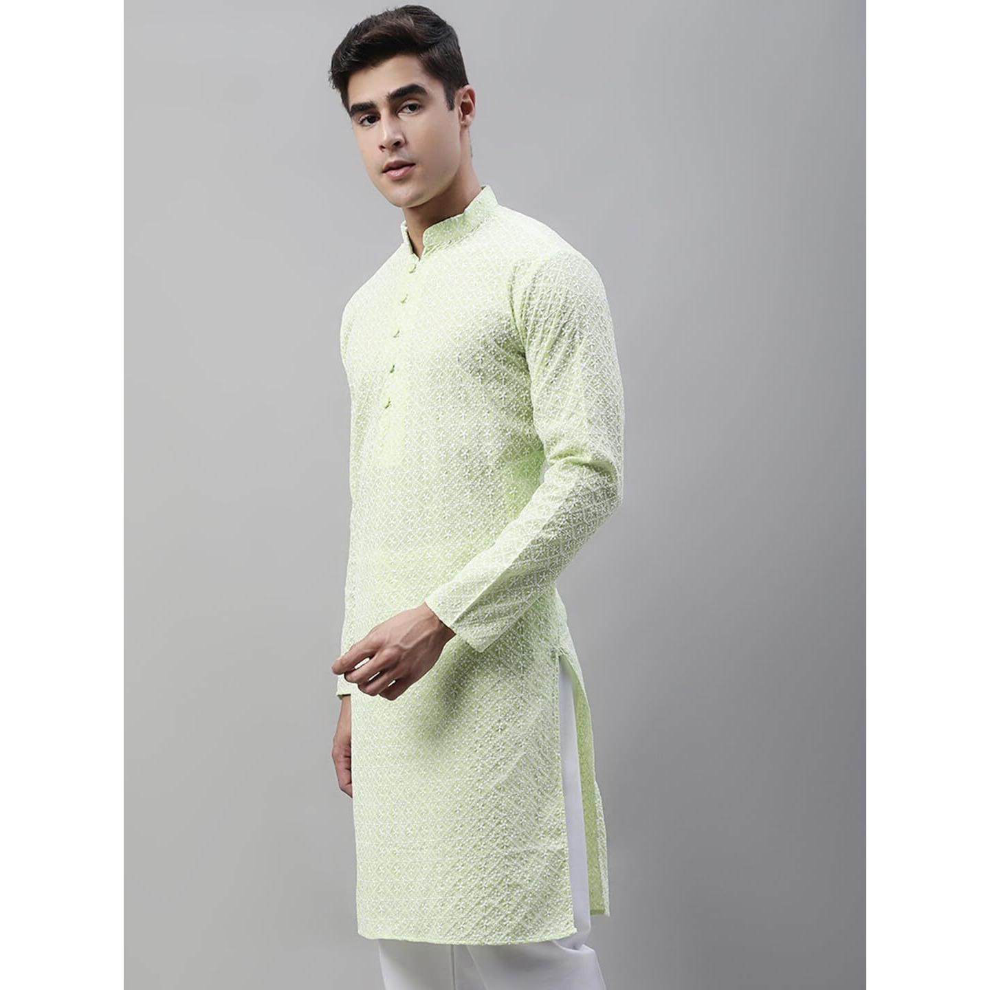 Jompers Men's Floral Embroidered Kurtas (Green, L)