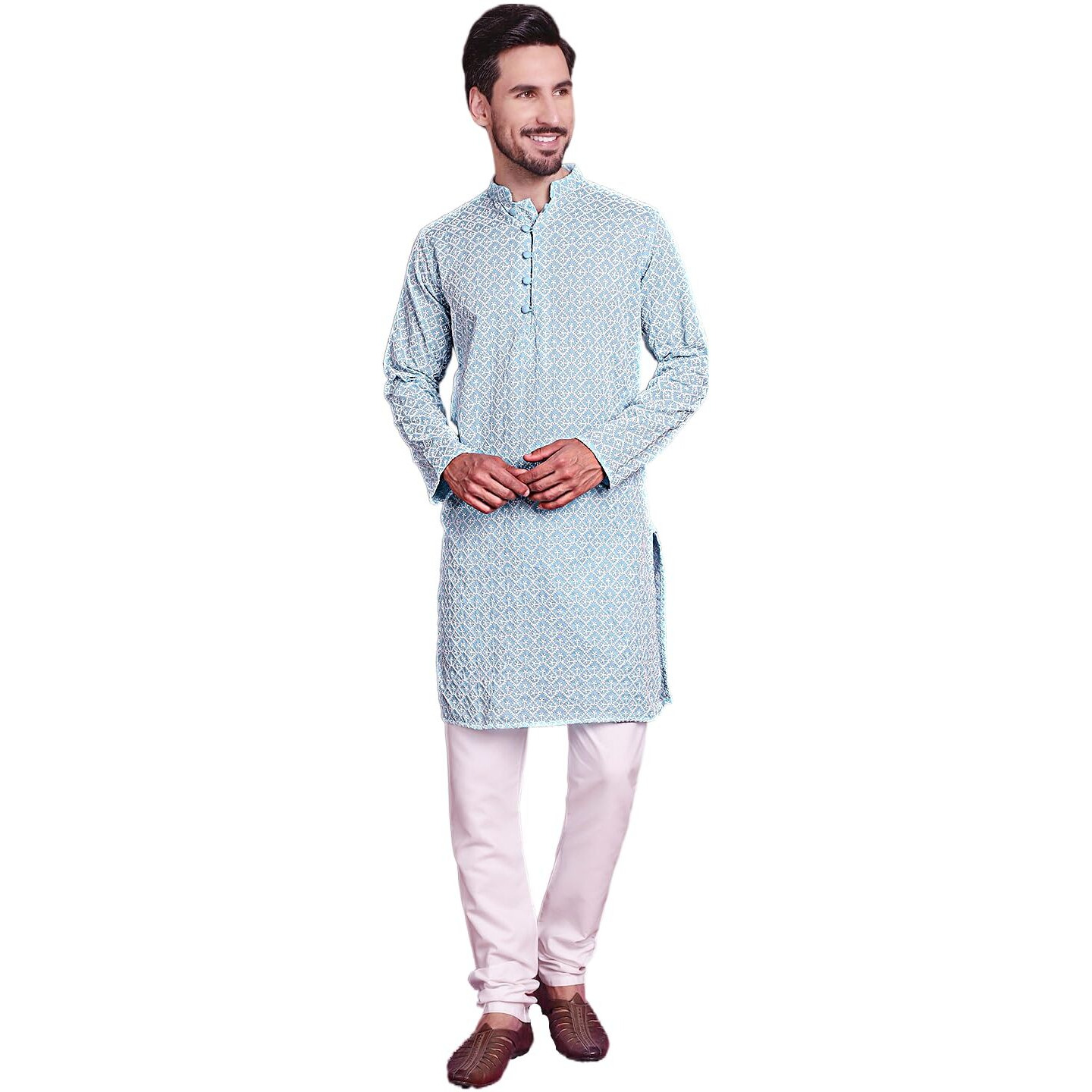 Jompers Men's Sky Blue & White Embroidered Straight Kurta Pyjama Set. (Sky, S)