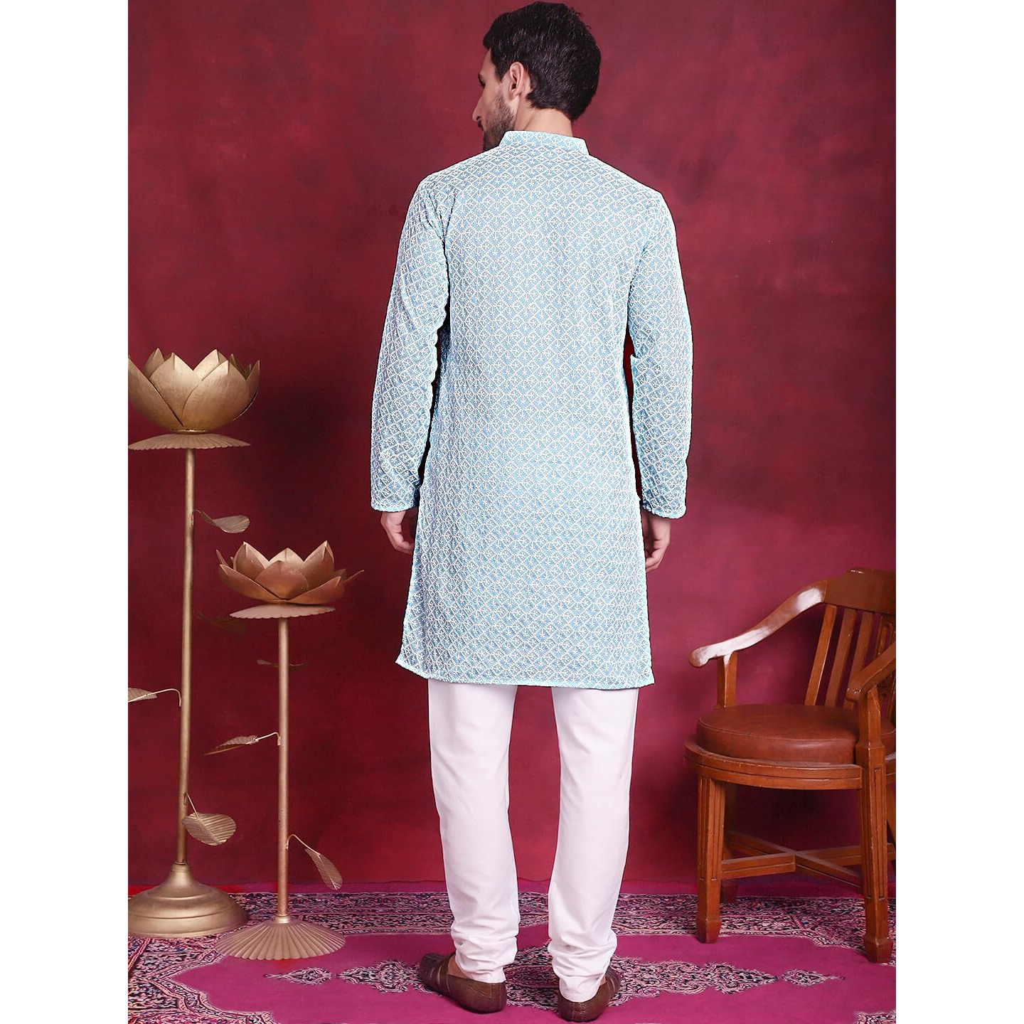 Jompers Men's Sky Blue & White Embroidered Straight Kurta Pyjama Set. (Sky, S)