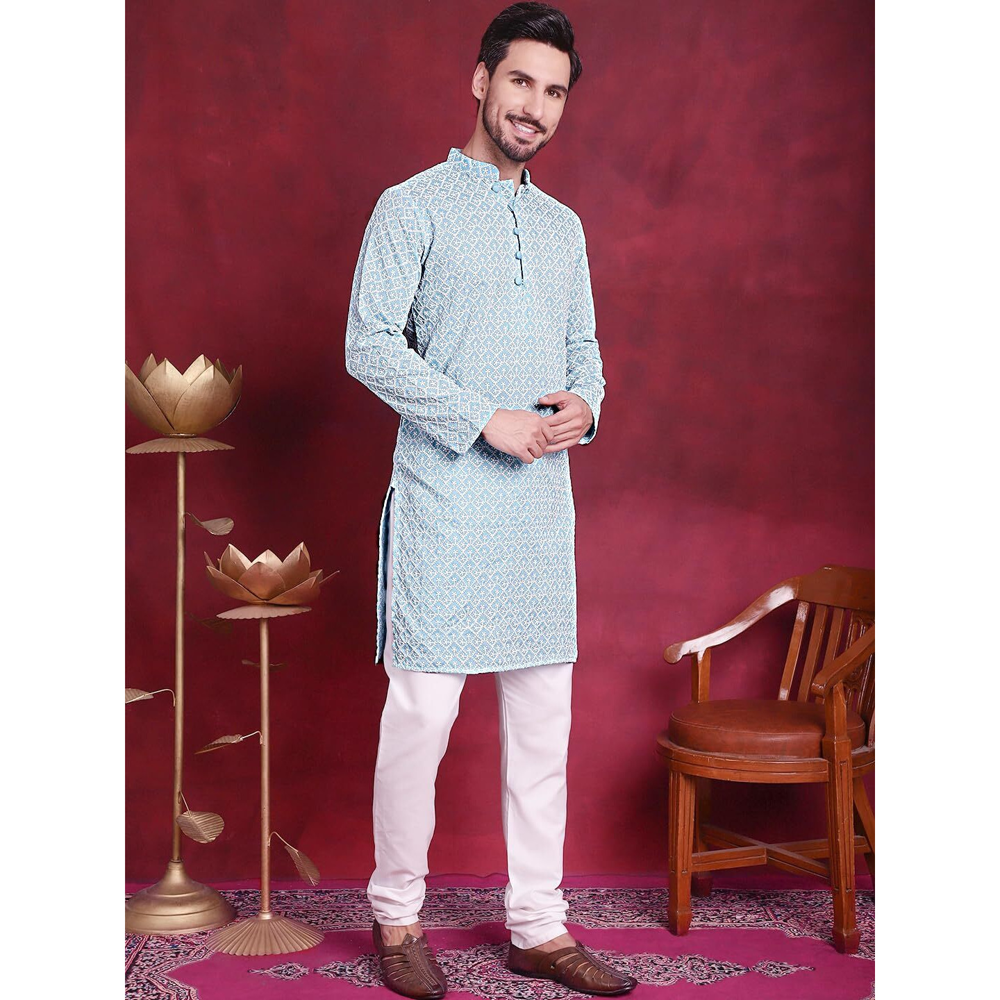 Jompers Men's Sky Blue & White Embroidered Straight Kurta Pyjama Set. (Sky, S)