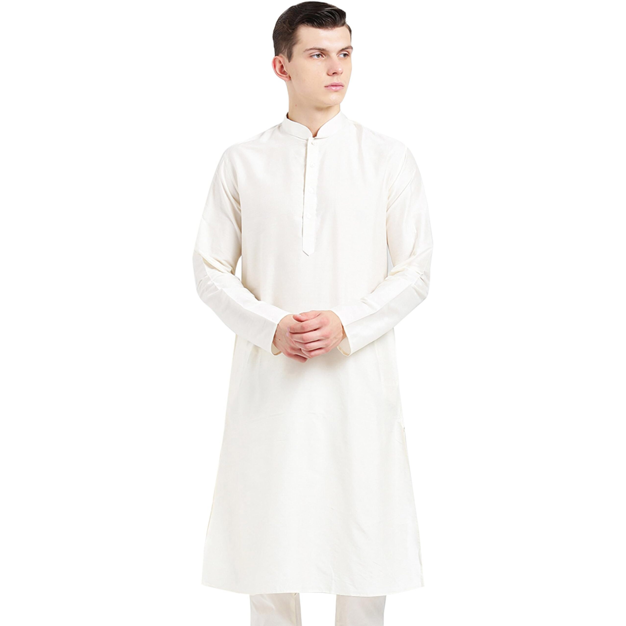 Kisah Men's Kurta, Off White Silk, Solid Regular Fit Mandarin Collar Long Sleeves (54)