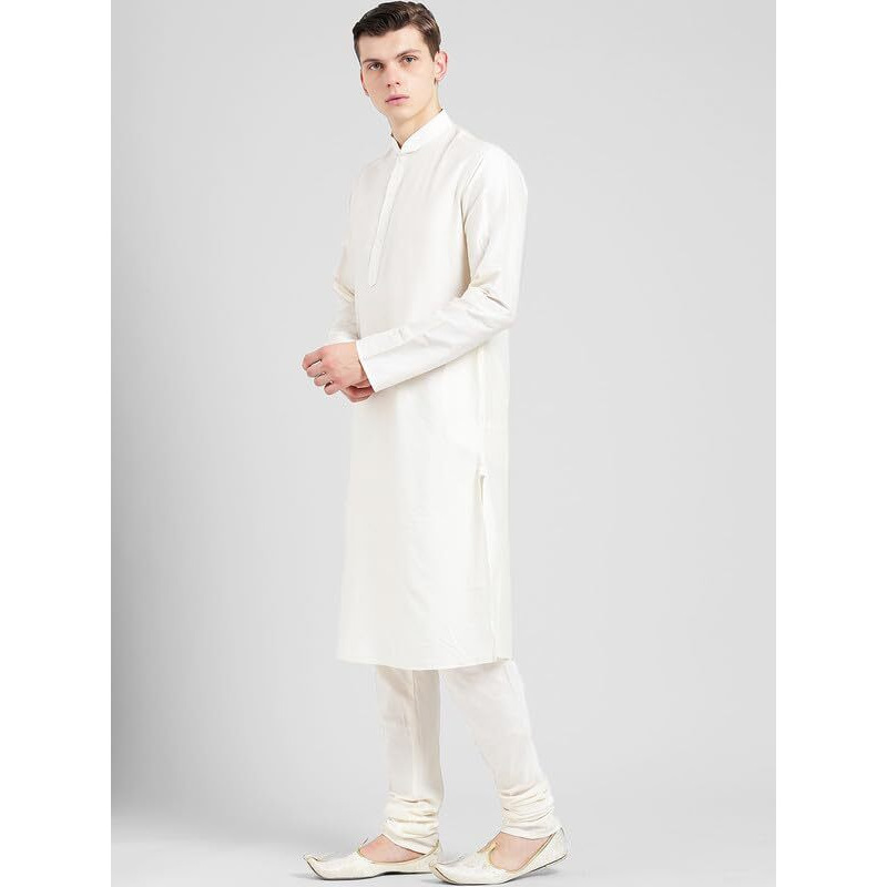 Kisah Men's Kurta, Off White Silk, Solid Regular Fit Mandarin Collar Long Sleeves (54)