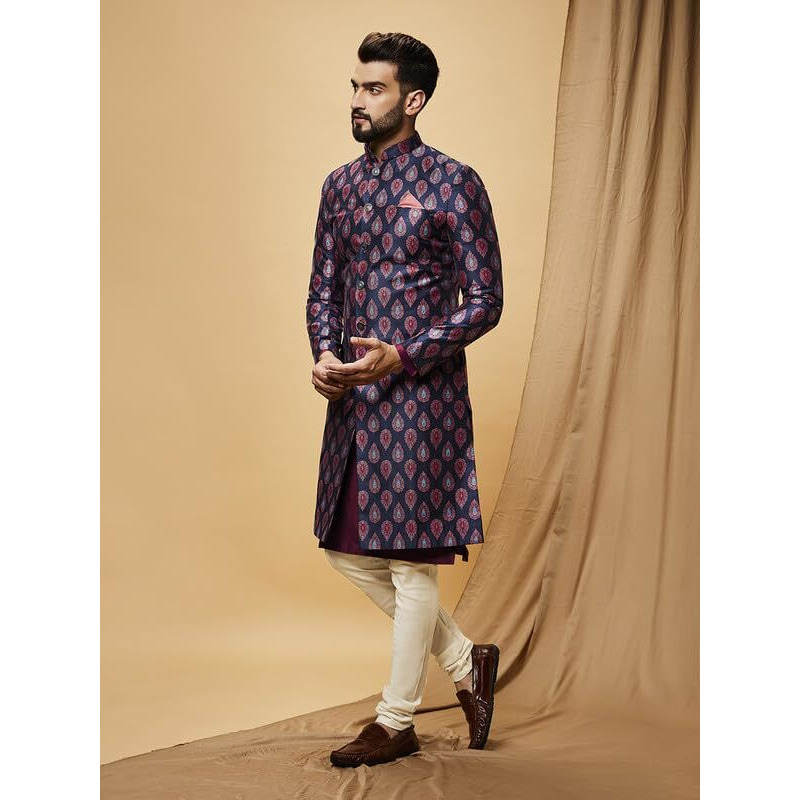 Kisah Men's Kurta Indo-Western Sherwani Churidar Set, Blue Jacquard, Woven Design Regular Fit Mandarin Collar Long Sleeves|42