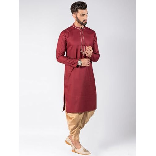 Kisah Mens Kurta, Cotton Blend Solid Dyed Mandarin Collar Long Sleeves, Maroon Ethnic Wear For Men, 38