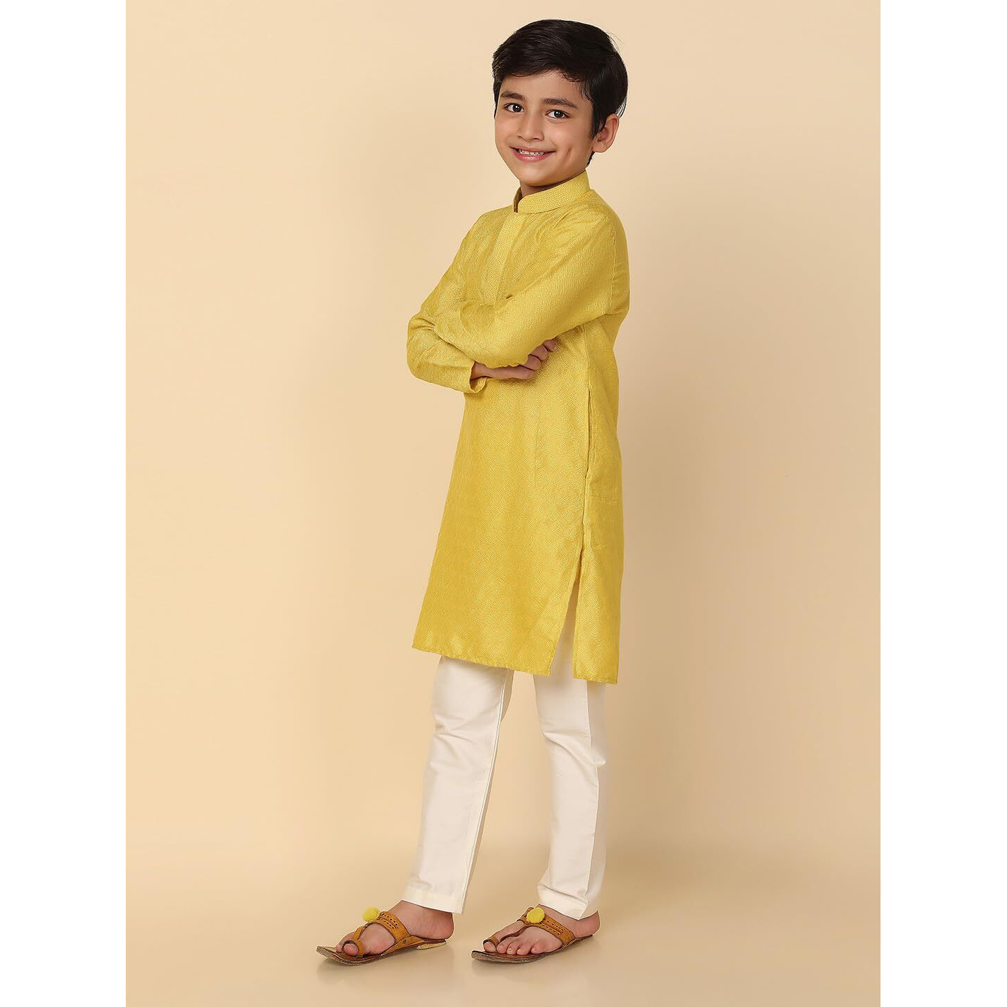 Kisah Kid's Full Sleeves Silk Blend Knee Length Woven Design Yellow Kurta Pyjama Set (7-8Y)
