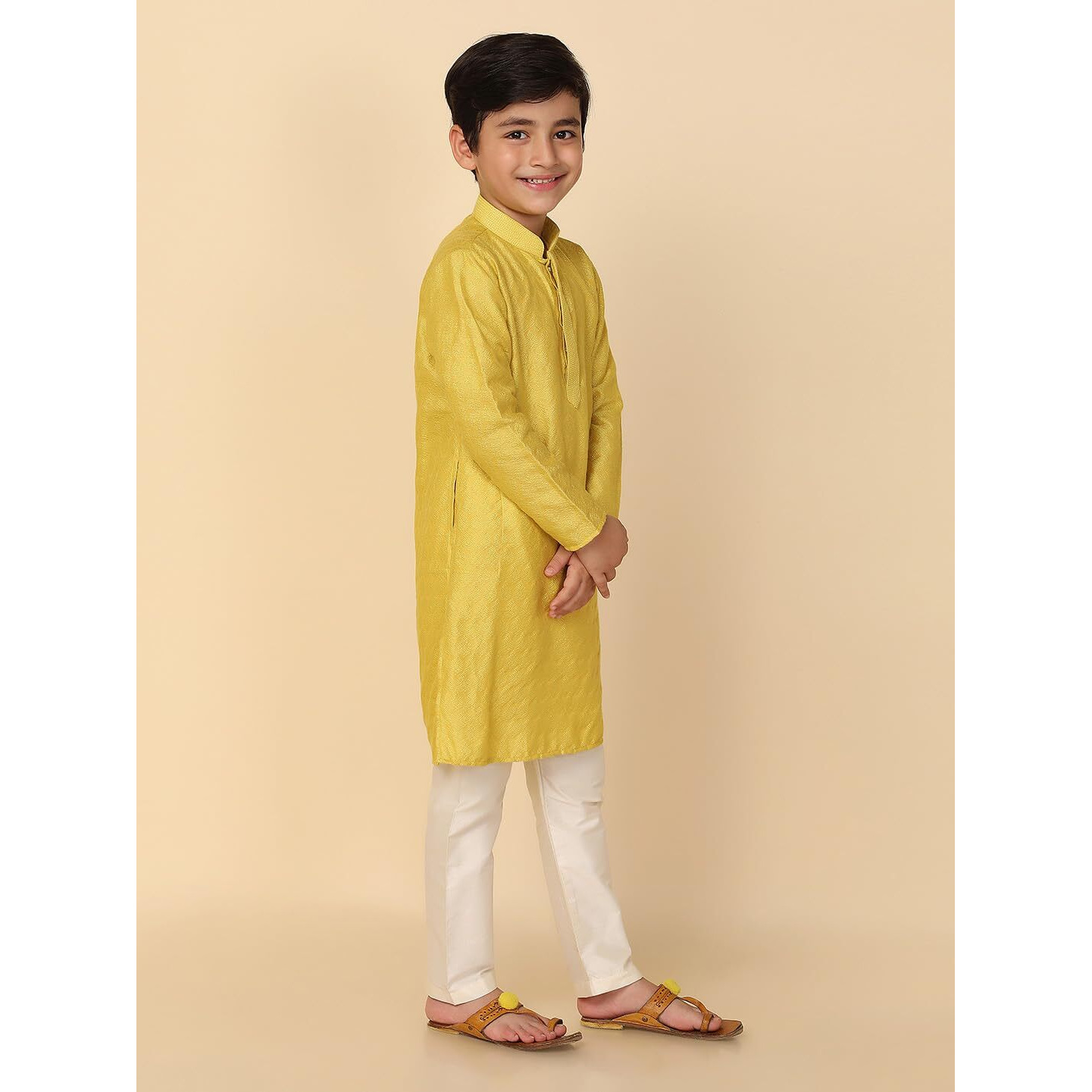 Kisah Kid's Full Sleeves Silk Blend Knee Length Woven Design Yellow Kurta Pyjama Set (7-8Y)