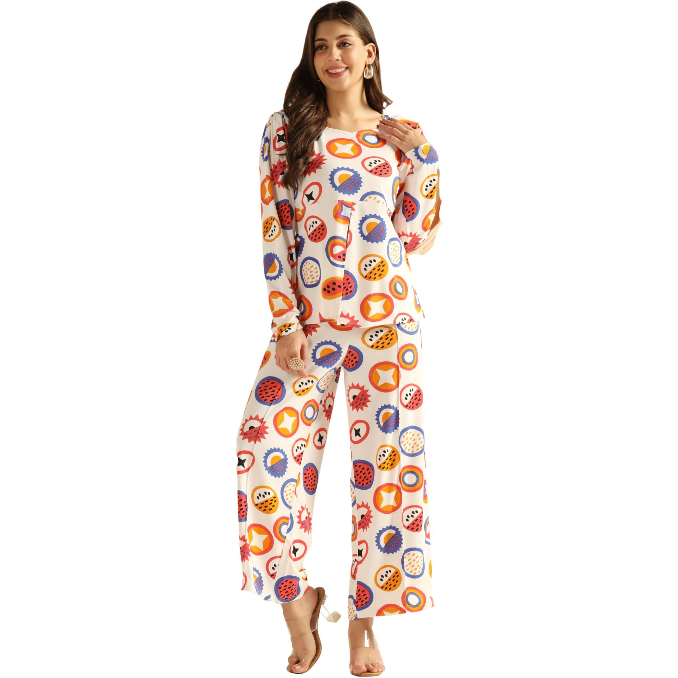 Leriya Fashion Ethnic Co Ord Set | Co Ord Set For Women | Night Dress For Women | Night Wear For Women | Payjama Set For Women | Pajama Set | Women Two-Piece Outfits (Small, White)