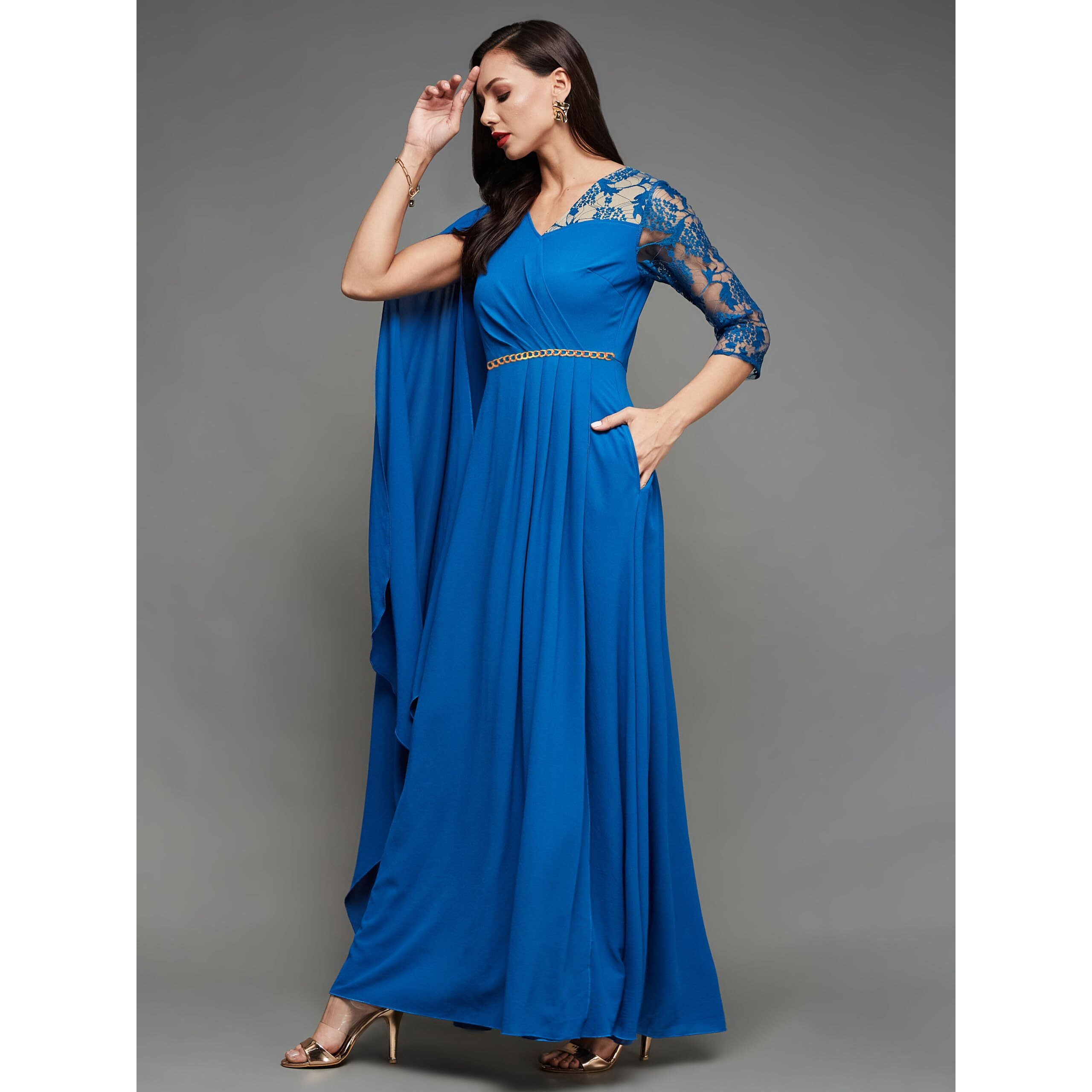 Miss Chase Women's V-Neck Asymmetric Embellished Maxi Georgette Dress (Mcss23D98-54-229-05, Royal Blue, L)