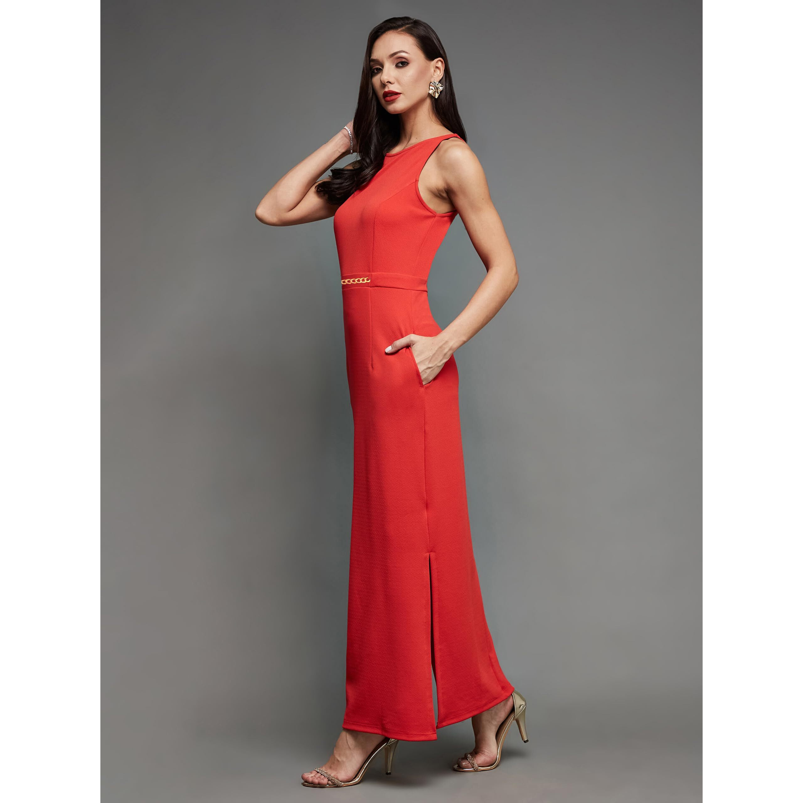 Miss Chase Women's Solid Slim Fit Round Neck Sleeveless Maxi Dress (Mcss21D14-73-64-06, Red, Xl)