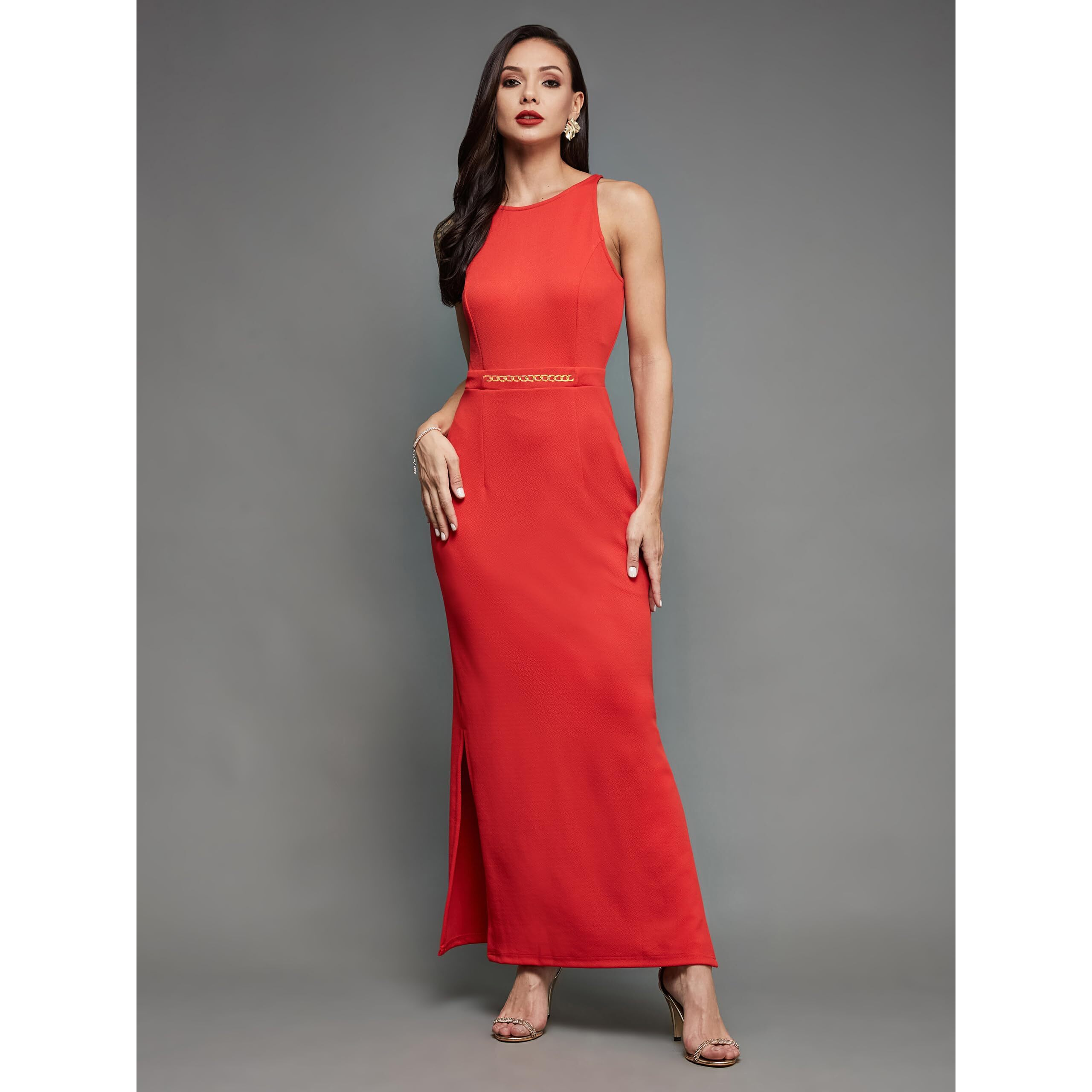 Miss Chase Women's Solid Slim Fit Round Neck Sleeveless Maxi Dress (Mcss21D14-73-64-06, Red, Xl)