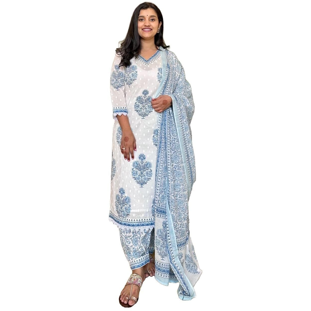 Nemrosa Women Printed Straight Kurta And Pant Set With Dupatta (In, Alpha, S, White)