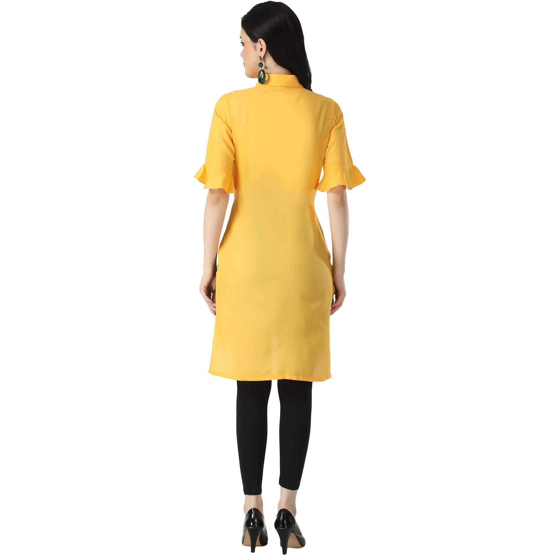 Om Sai Latest Creation Designer Slub Rayon Fully Stitched Straight Kurti For Women & Girls On Jeans Palazzo Or Skirt (Plus Size Upto 2Xl)-(Black) (Yellow, Xx-Large)