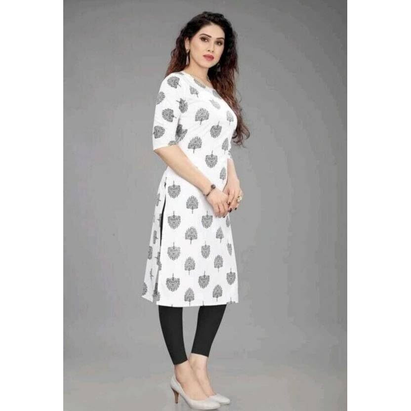 Patlani Women's A-Line-Calf Langth Half Sleeve Crepe Kurti. White