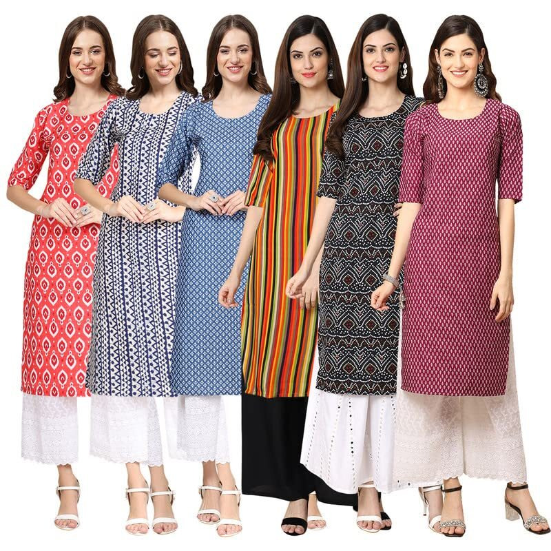 Pinkmint Women's Crepe Digital Print Straight Kurta [Pack Of 6](Mv-346-348-367-356-373-376-L)