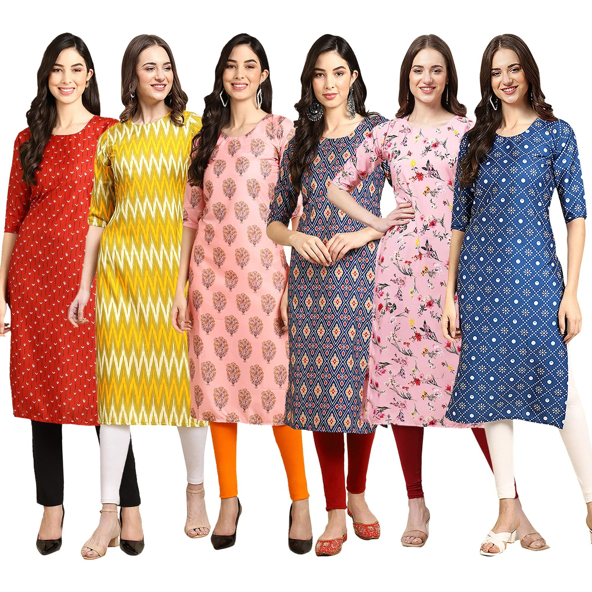 Pinkmint Women's Crepe Digital Print Straight Kurta Pack Of 6 [Cr-370-329-368-358-339-353-L]