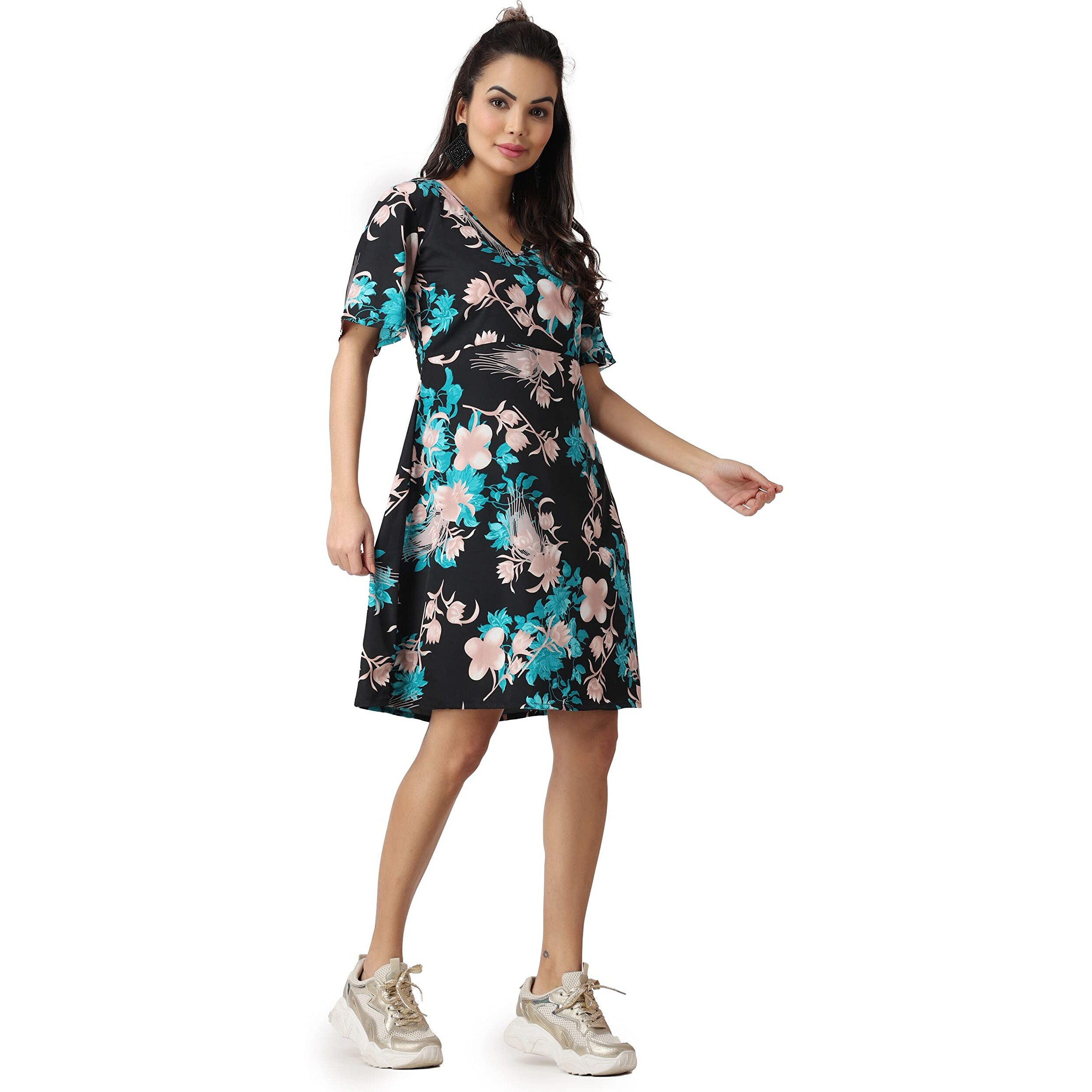 Popwings Women's Polyester Knee-Length Fit And Flare Dress (B0Bs3Jbf49_Multicolour