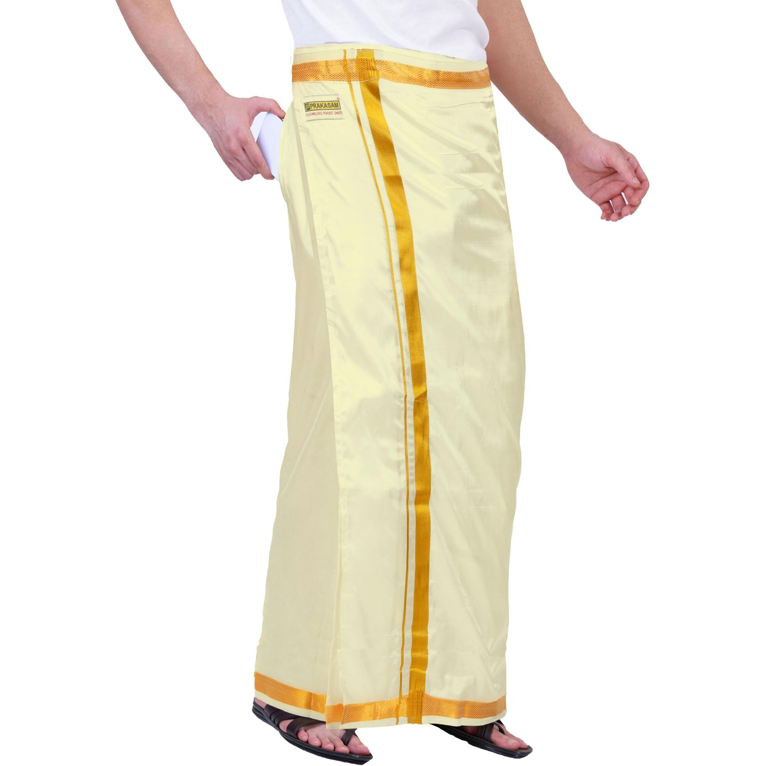 Prakasam Cotton Mens Double Layers Art Silk - Welcro Pocket Dhoti For Mens (Cream, 30)