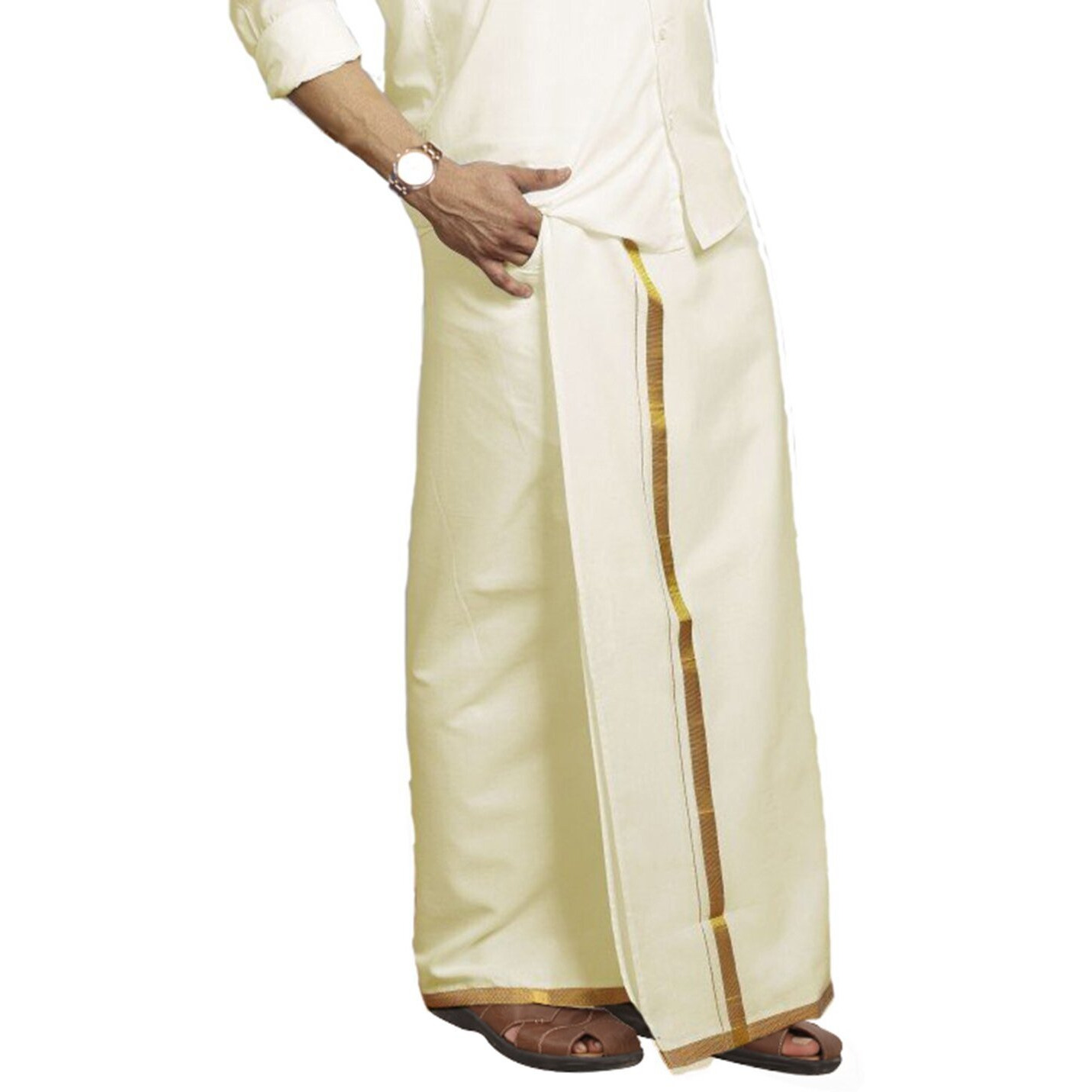 Prakasam Cotton Men's Fine Quality Welcro Pocket Jari Cotton Double Dhoti (28)