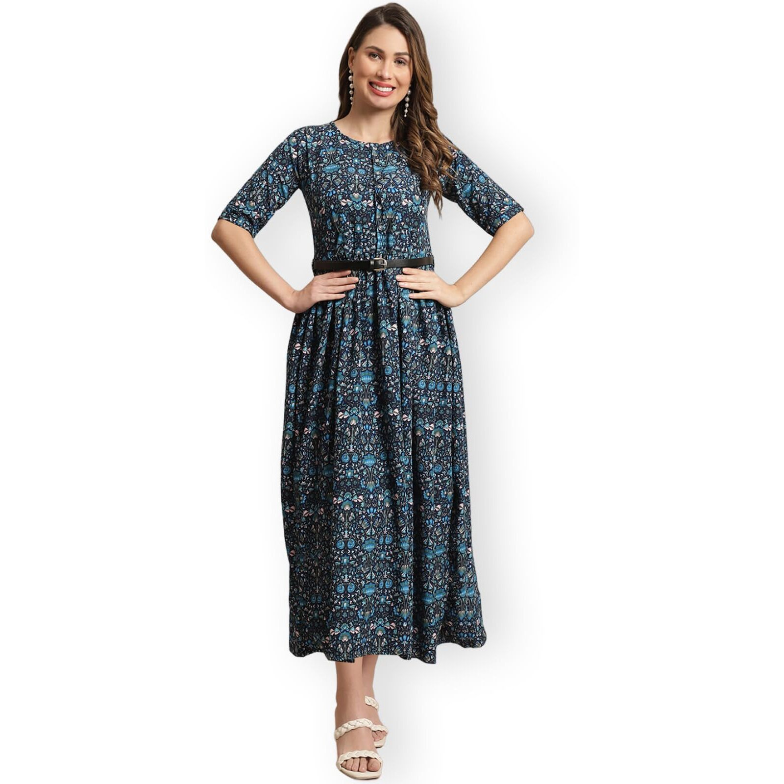 Preneum Girls's Georgette Floral Printed 3/4 Slevees A-Line Fit & Flare Gown With Belt, Blue, M