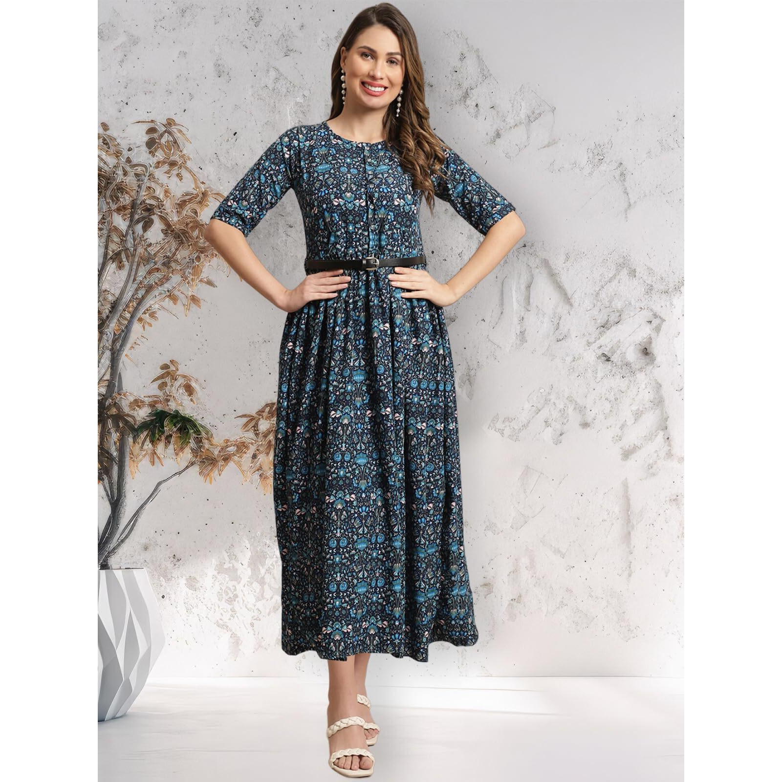 Preneum Girls's Georgette Floral Printed 3/4 Slevees A-Line Fit & Flare Gown With Belt, Blue, M