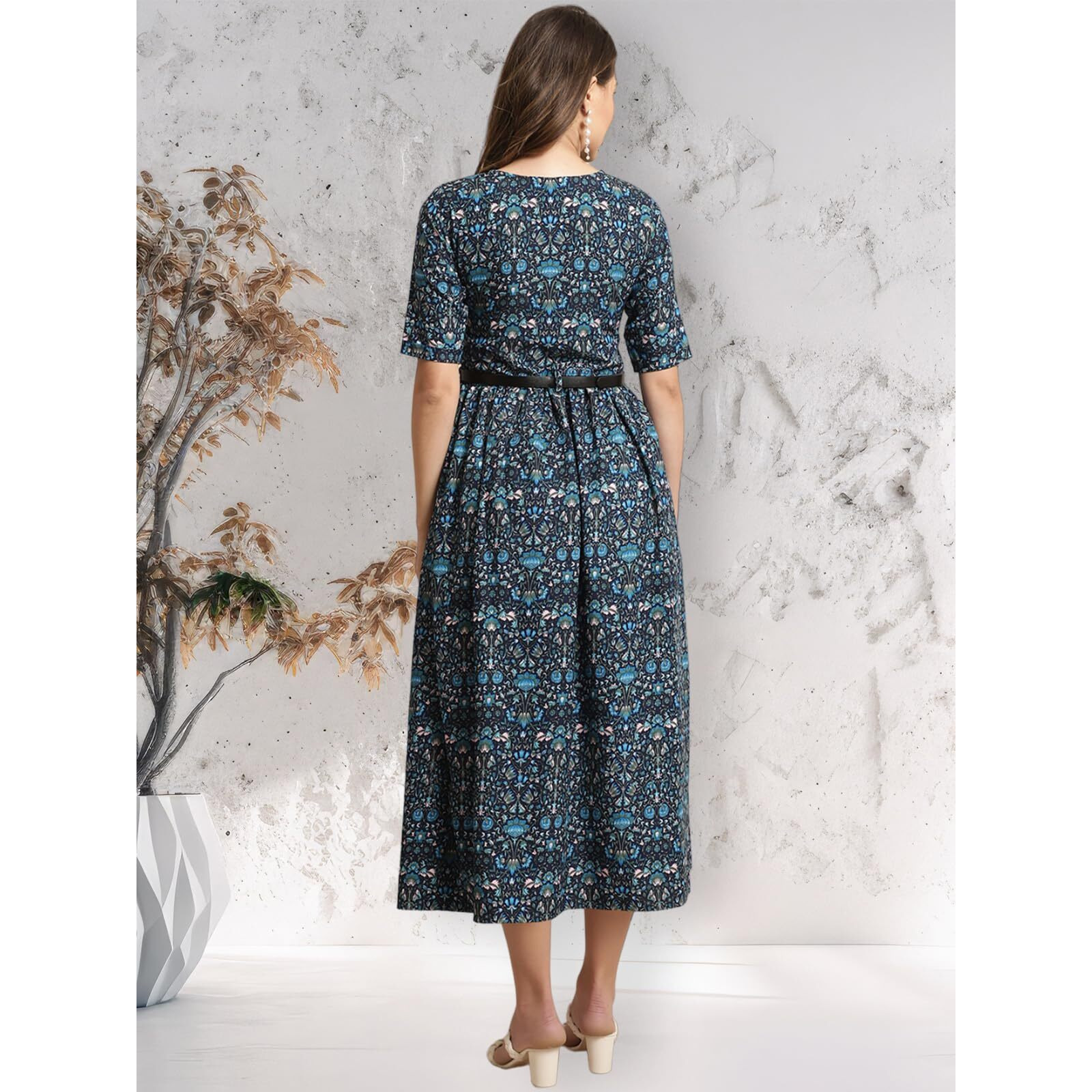 Preneum Girls's Georgette Floral Printed 3/4 Slevees A-Line Fit & Flare Gown With Belt, Blue, M