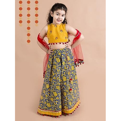 Pspeaches Girls Navy Blue Yellow Cotton Readymade Lehenga Set Blouse With Dupatta (Blue-2-3Y)