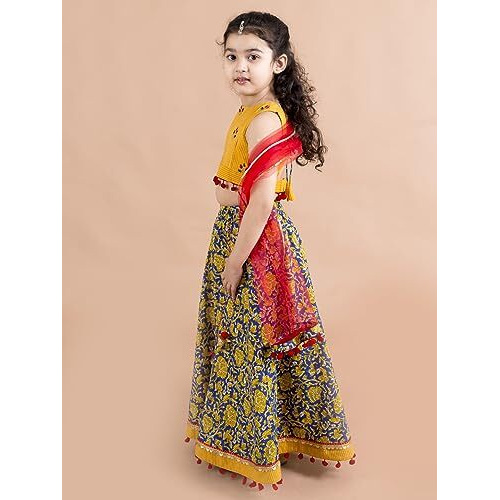 Pspeaches Girls Navy Blue Yellow Cotton Readymade Lehenga Set Blouse With Dupatta (Blue-2-3Y)