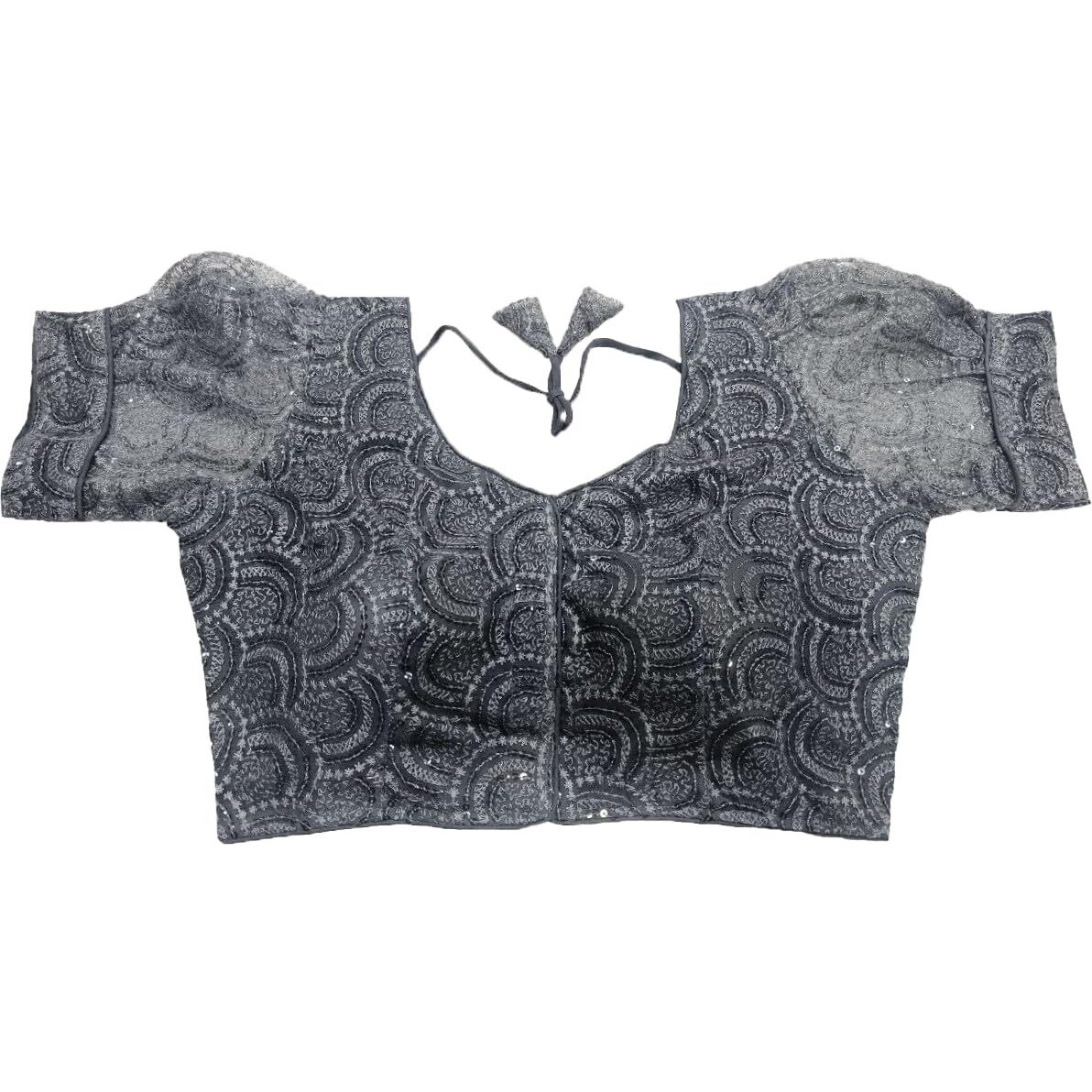 Pujia Mills Womens Readymade Indian Ethnic Designer Stitched Women's Blouse Net Chiken Shifli Sequence Embroidery Work Blouse Fancy Puff Sleeve Gray Blouse Schhiffli Fabric Saree Blouse For Choli