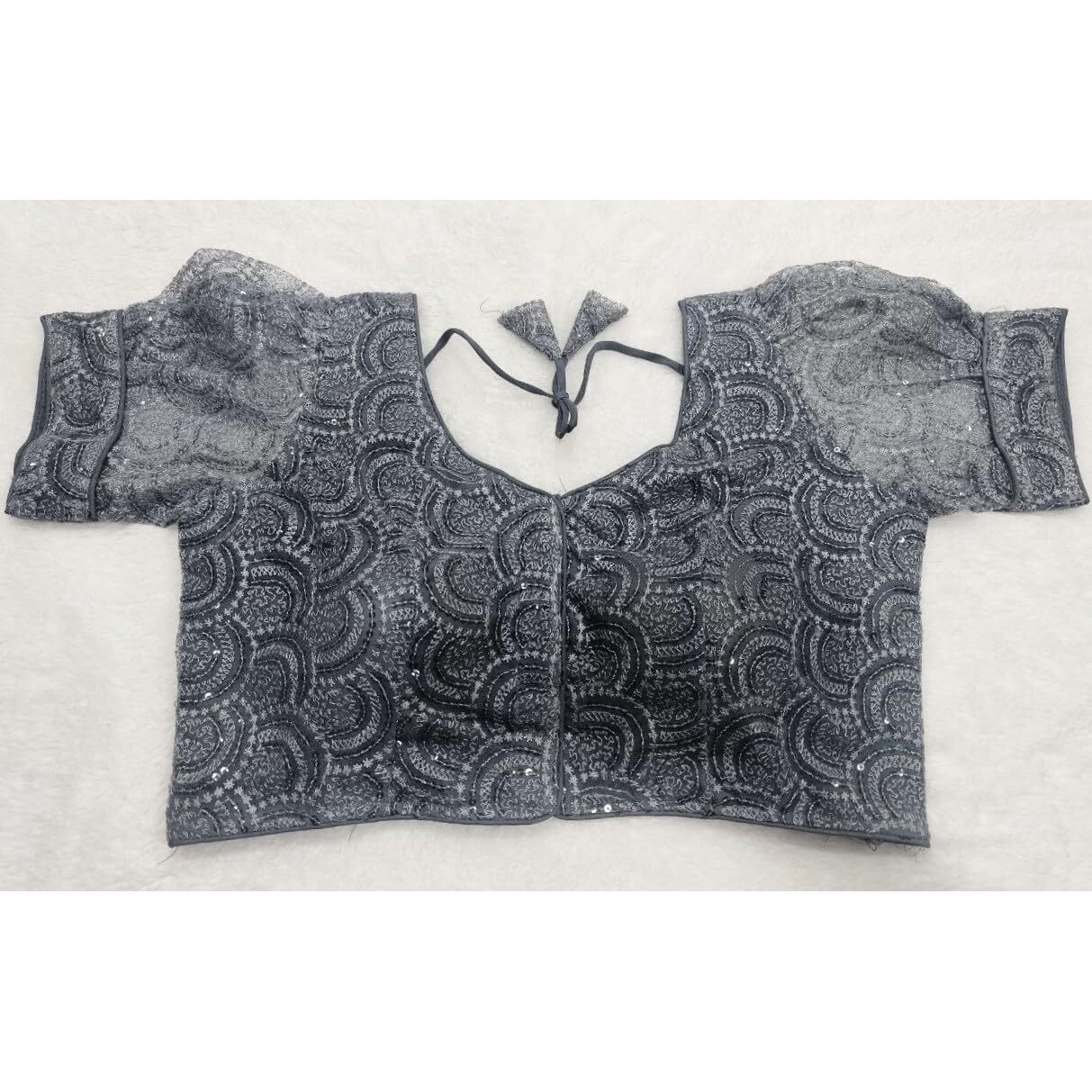 Pujia Mills Womens Readymade Indian Ethnic Designer Stitched Women's Blouse Net Chiken Shifli Sequence Embroidery Work Blouse Fancy Puff Sleeve Gray Blouse Schhiffli Fabric Saree Blouse For Choli