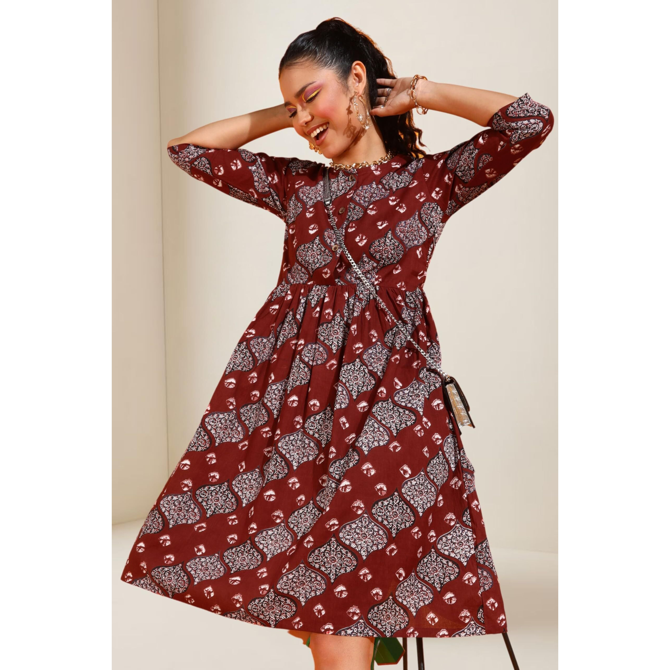 Popwings Women Casual Maroon Bandhani Printed Dress Dress | Stylish Dress | Knee Legnth Dress