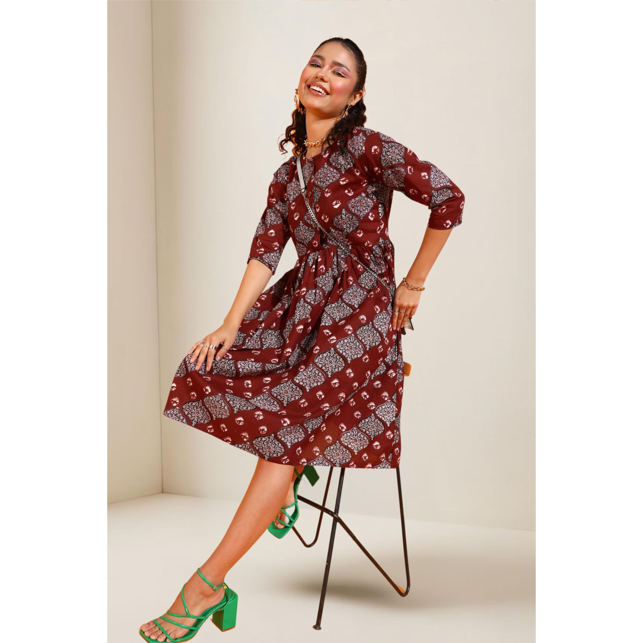 Popwings Women Casual Maroon Bandhani Printed Dress Dress | Stylish Dress | Knee Legnth Dress