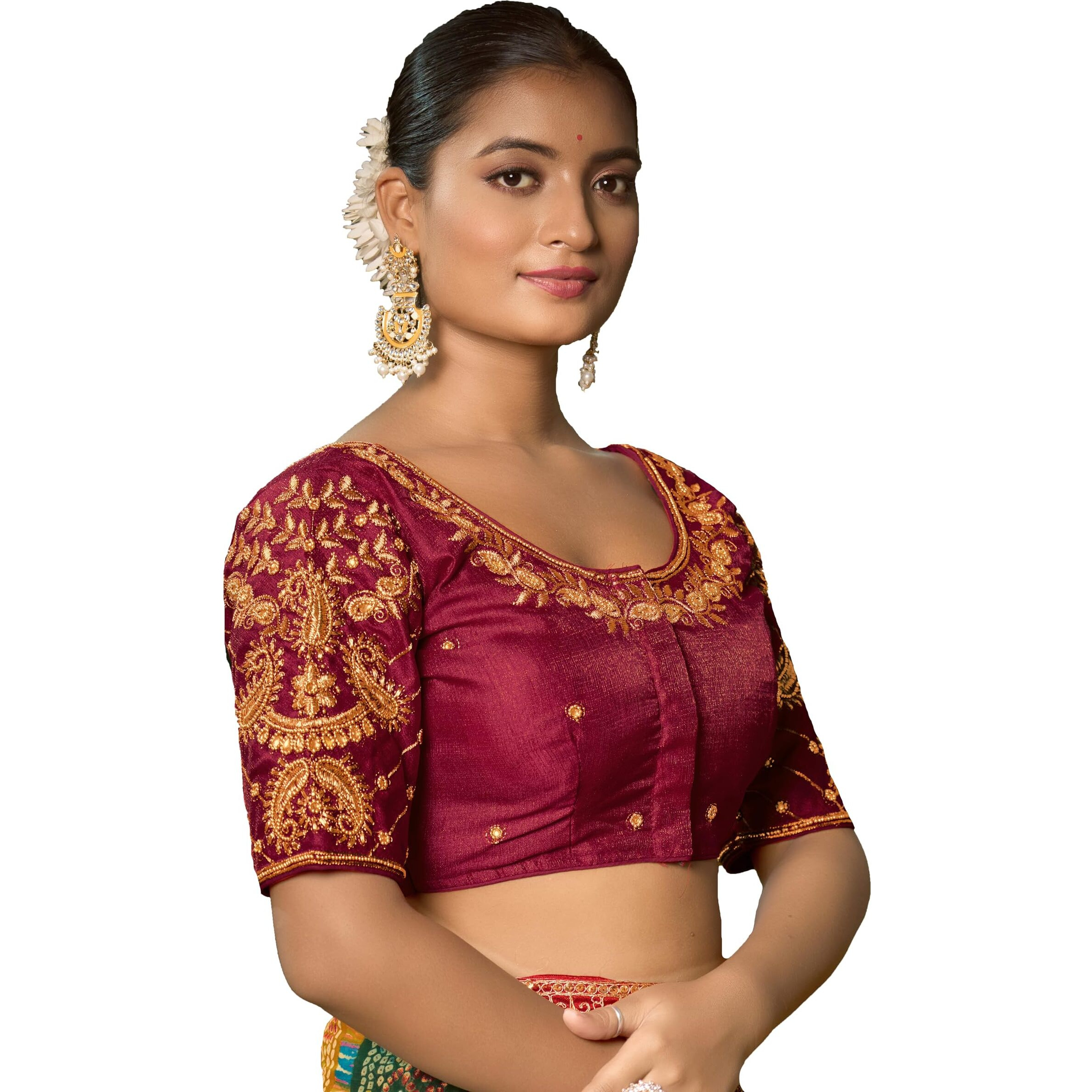 Pujia Mills Women's Readymade Blouse Embroidery Multi Coding Maggam Work Sequence Work Indian Ethnic Designer Stitched Readymade Saree Half Sleeve Maroon Blouse For Women For Saree Lehenga Choli