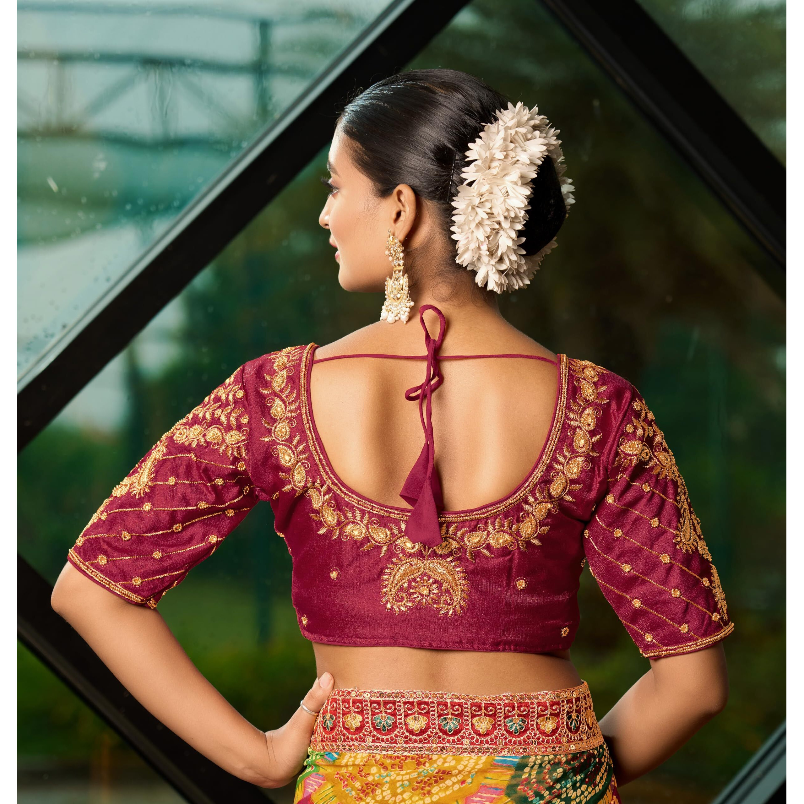 Pujia Mills Women's Readymade Blouse Embroidery Multi Coding Maggam Work Sequence Work Indian Ethnic Designer Stitched Readymade Saree Half Sleeve Maroon Blouse For Women For Saree Lehenga Choli