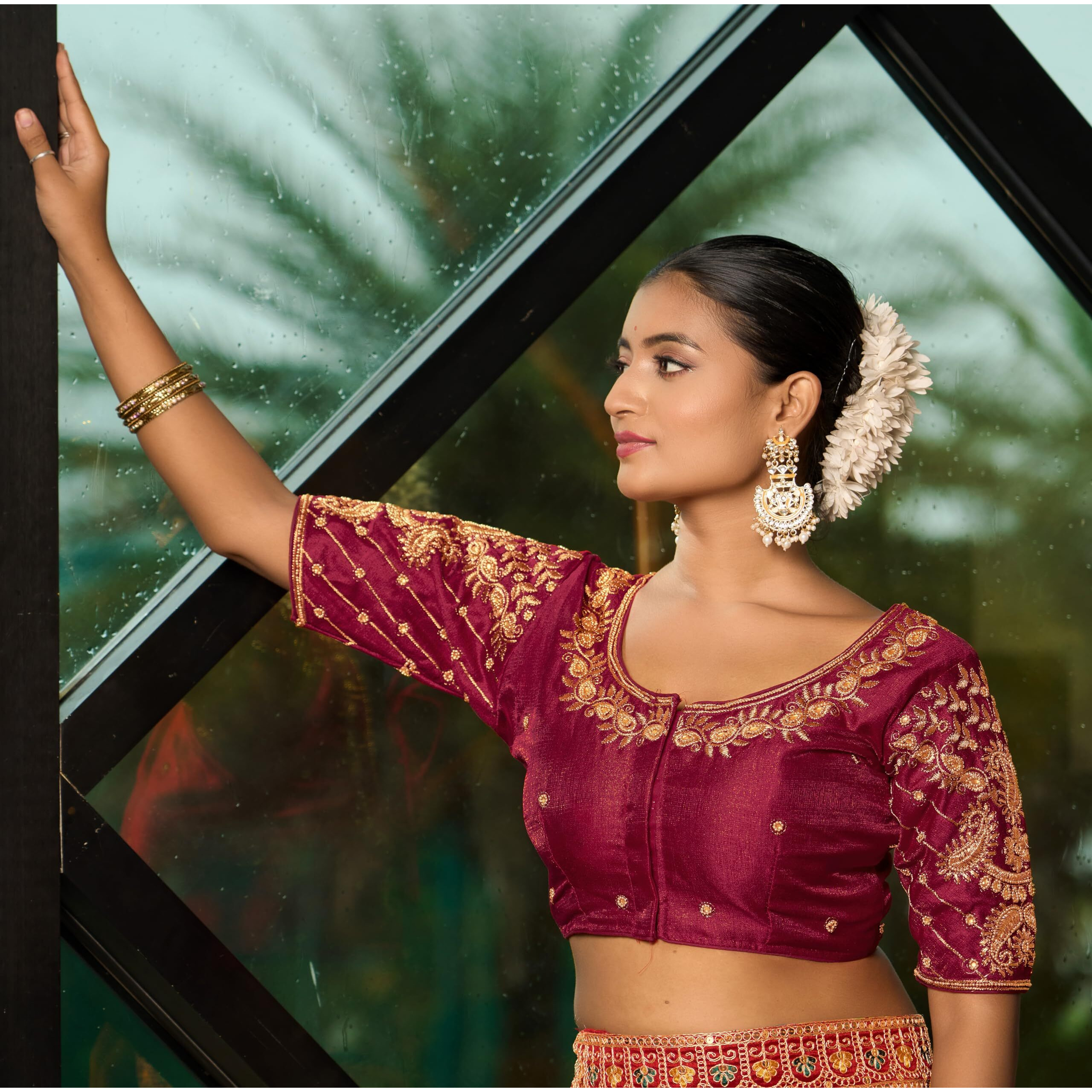 Pujia Mills Women's Readymade Blouse Embroidery Multi Coding Maggam Work Sequence Work Indian Ethnic Designer Stitched Readymade Saree Half Sleeve Maroon Blouse For Women For Saree Lehenga Choli